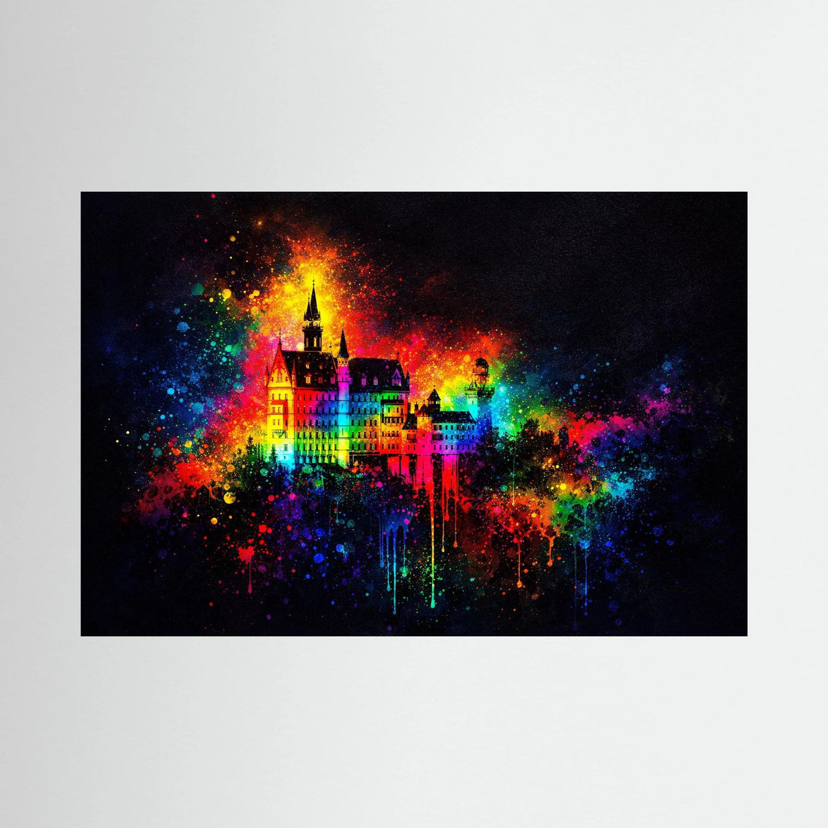 Fantasy-Wandposter im Querformat mit buntem Märchenschloss in Farbexplosion auf dunklem Grund
