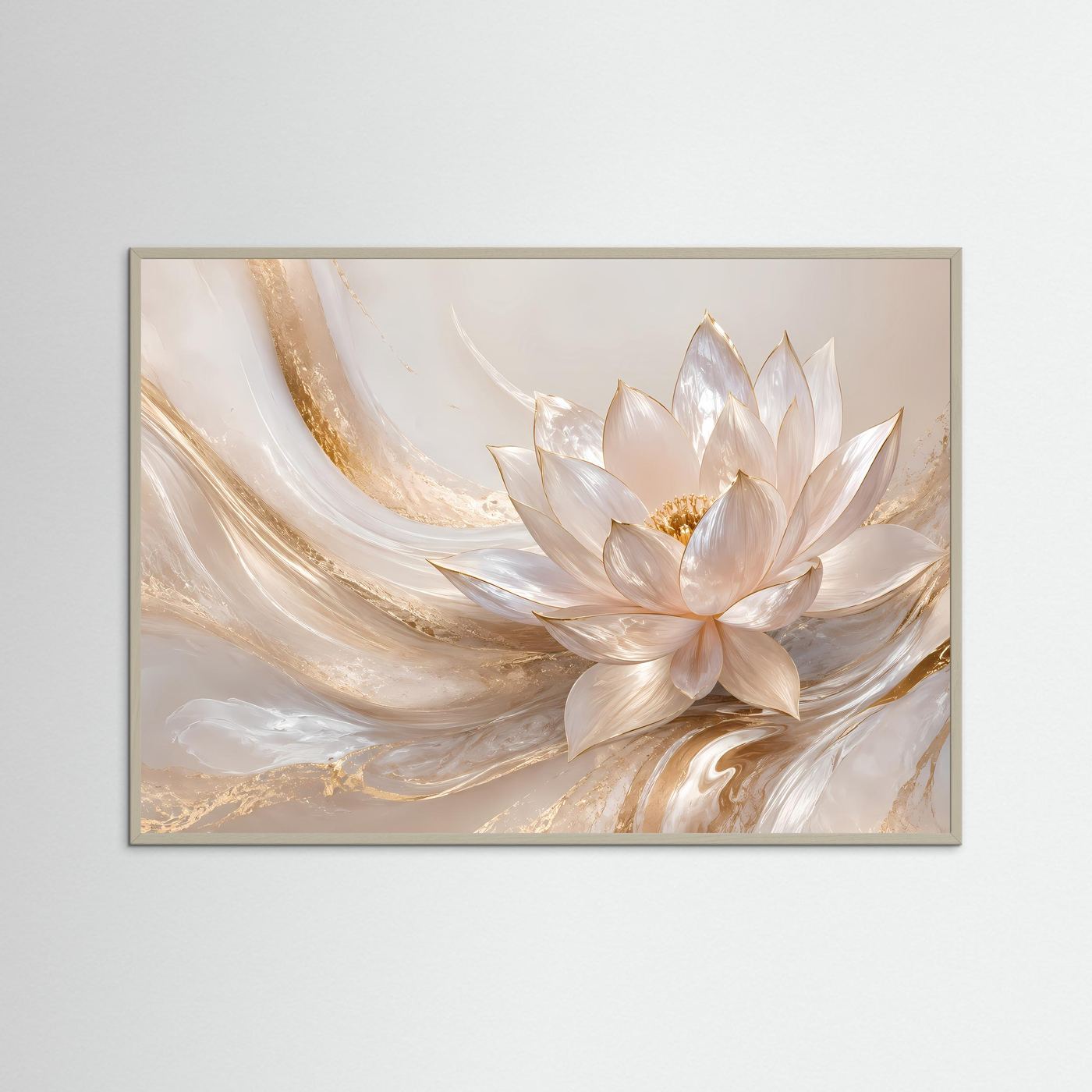 Querformat-Poster mit Lotusblüte in Creme und Gold im grauen Rahmen