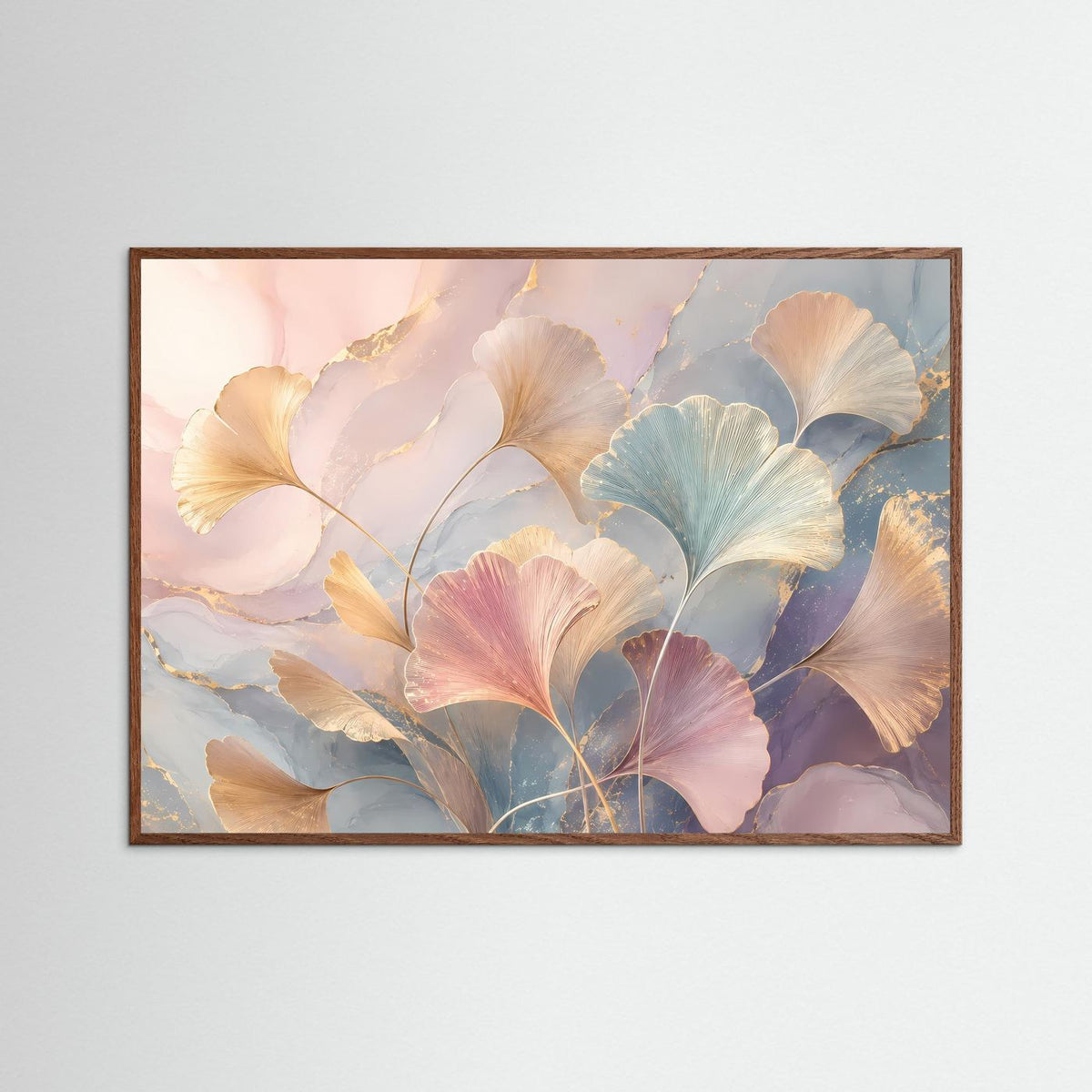 Abstraktes botanisches Poster mit Ginkgo-Blättern in Pastellfarben, im dunklen Eichenrahmen
