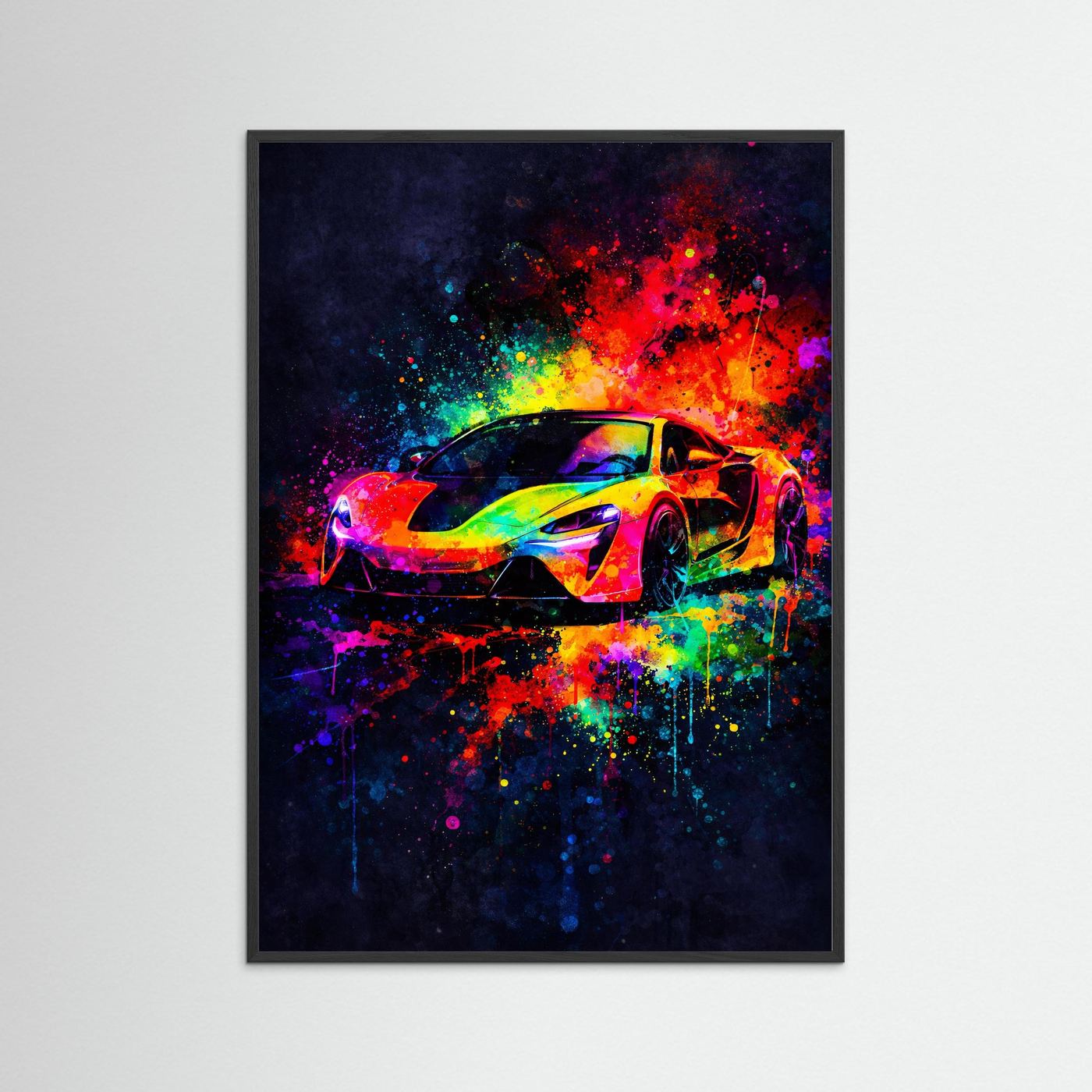 Poster mit Neon-Sportwagen-Illustration im schwarzen Rahmen