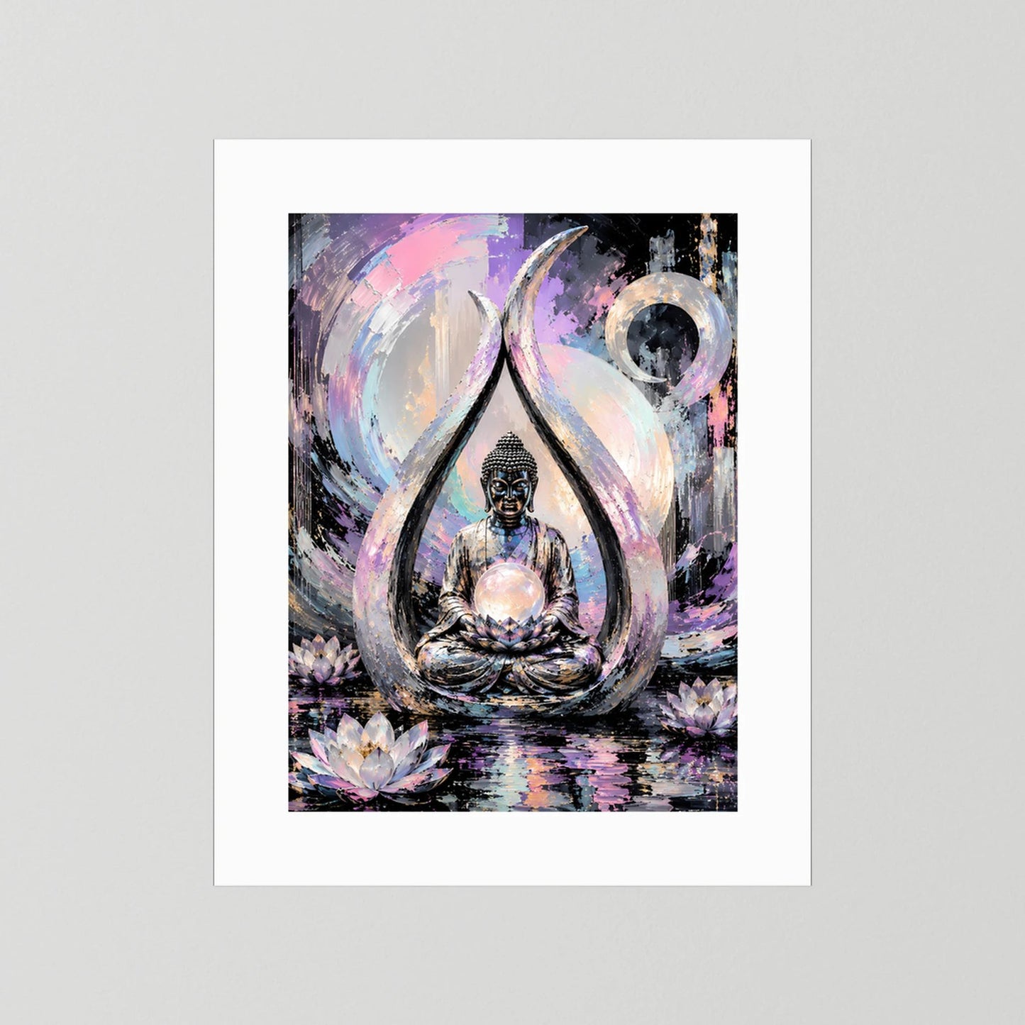 Kunstposter im Hochformat mit weißem Passepartout: Buddha im Lotus im Kreis, Pastellfarben