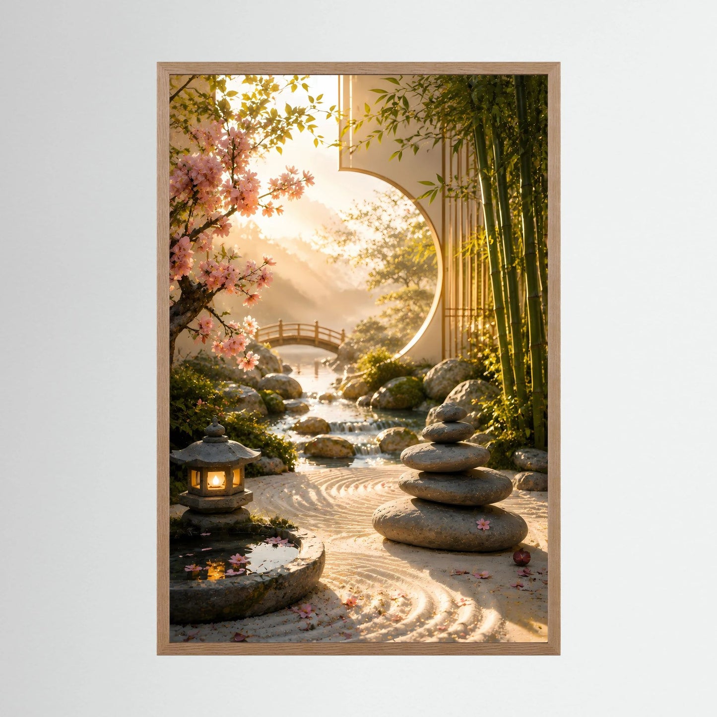 Hochformat-Poster Zen-Garten mit Bambus, Kirschblüten, Steinen und Laterne im Holzrahmen