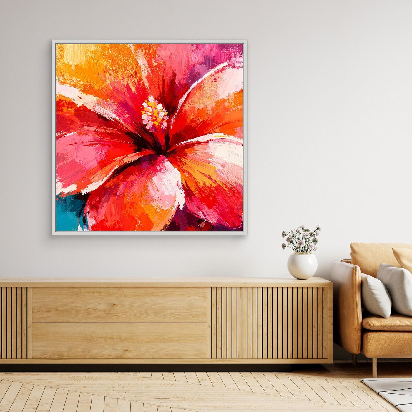 Leinwand Abstraktes Hibiskus Blütenbild | Modernes Tropen Wandbild Rot Pink