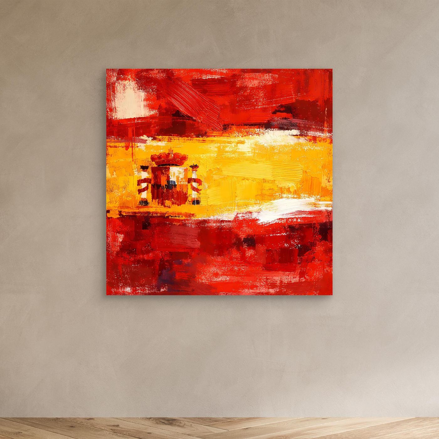 Abstract canvas wall art: red and yellow Spain flag brushstrokes, no frame