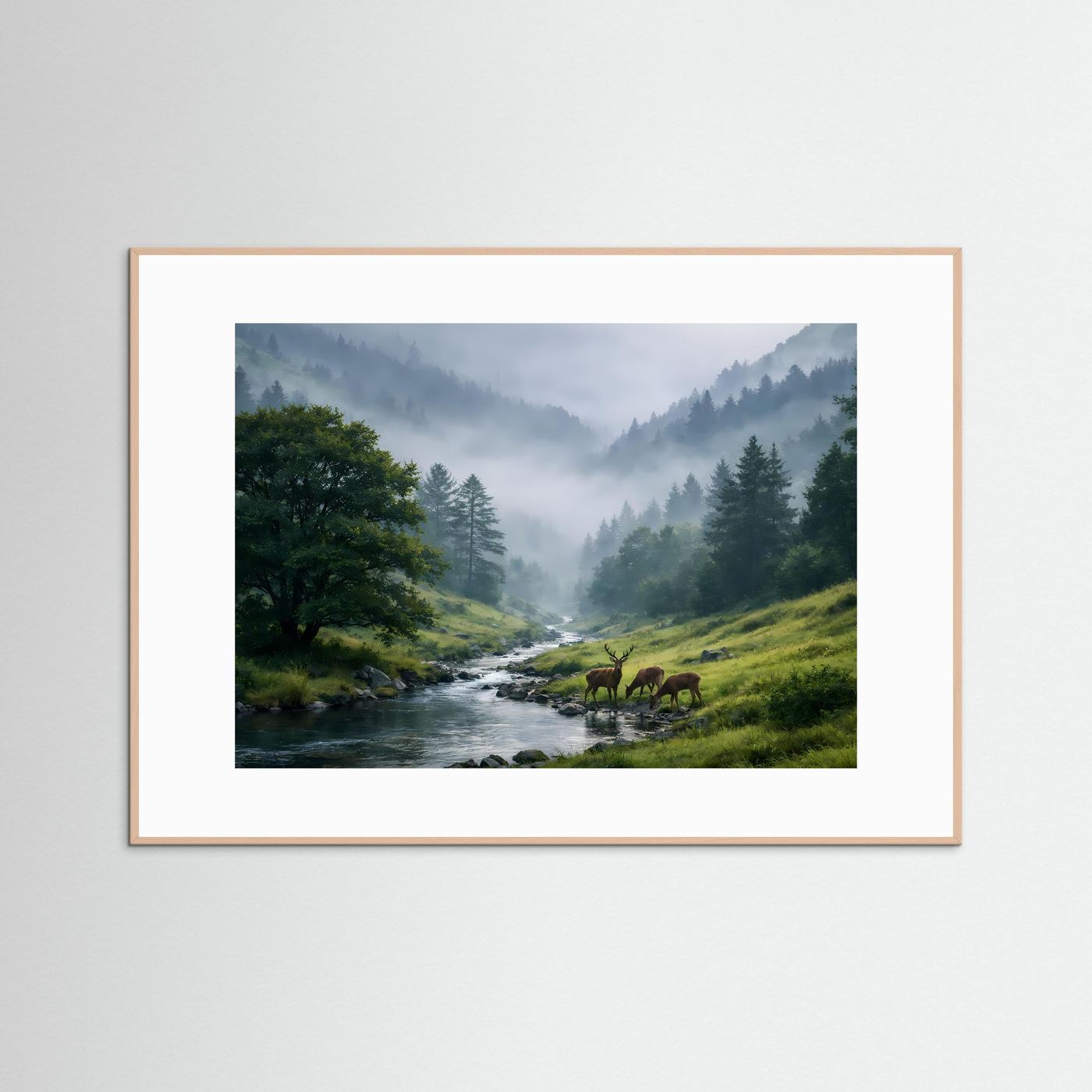 Panorama-Poster Bergwaldlandschaft mit Hirschen am Bach, heller Holzrahmen