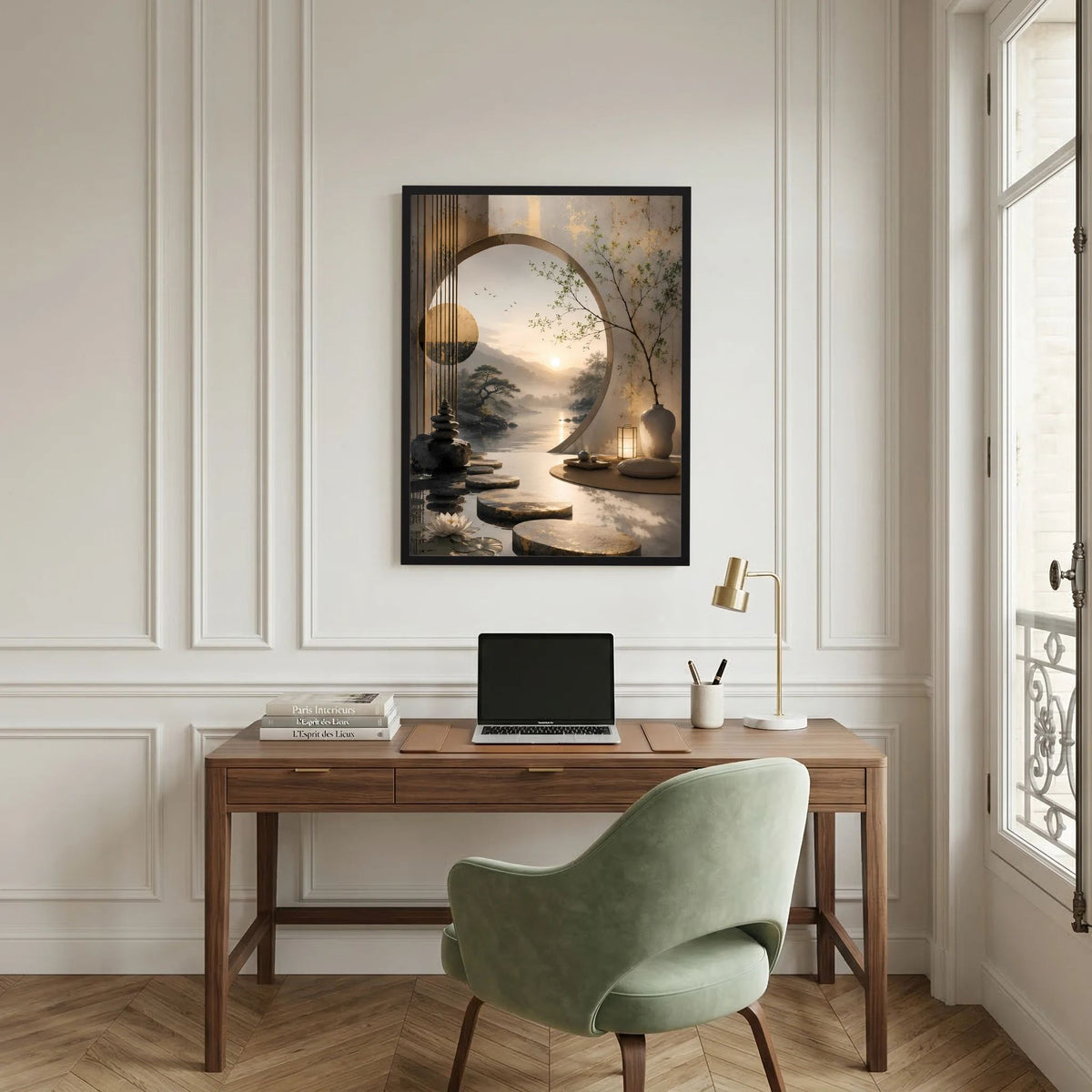 Wandposter im schwarzen Rahmen: Asiatische Gartenszene mit Mond, Steinstufen und Laterne