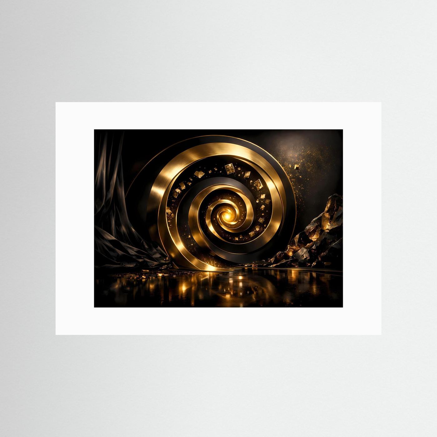 Wandbild mit Goldspirale, weißer Rahmen mit Passepartout