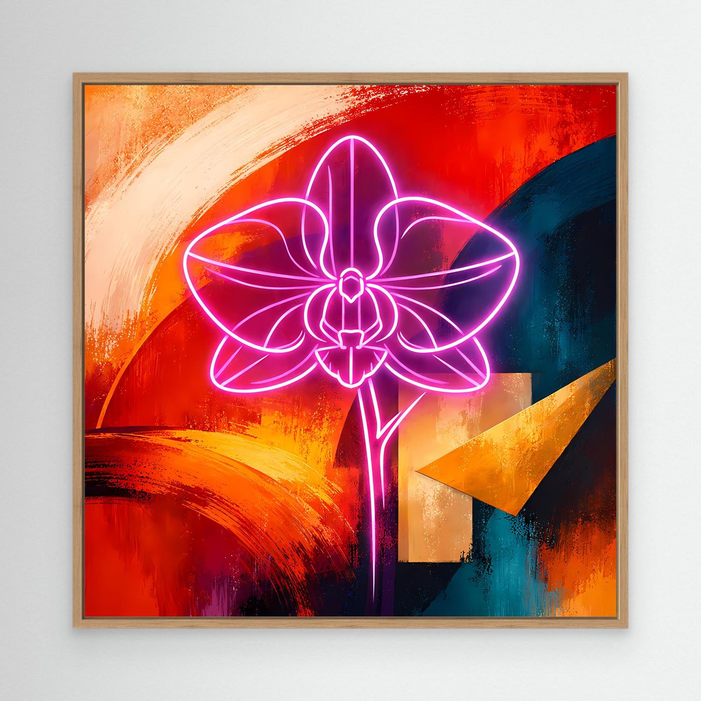 Abstraktes Leinwandbild mit Neon-Orchidee in Pink, mit hellem Holzrahmen