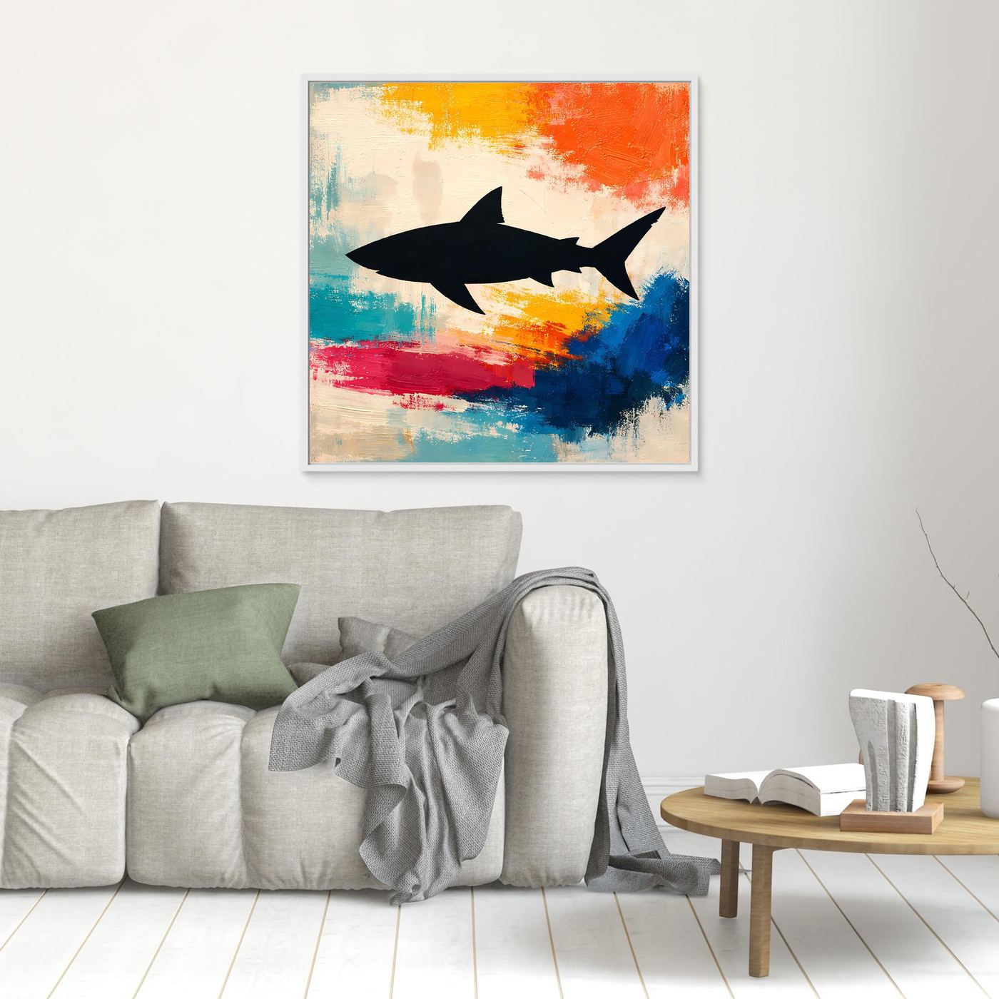 Leinwand Minimalistische Hai-Silhouette im Farbenmeer | Abstraktes Pop-Art Wandbild
