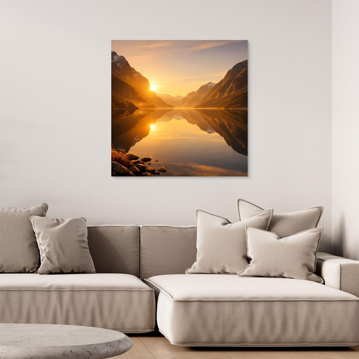 Leinwandbild Goldener Fjord mit Sonnenaufgang über spiegelndem See und Bergen