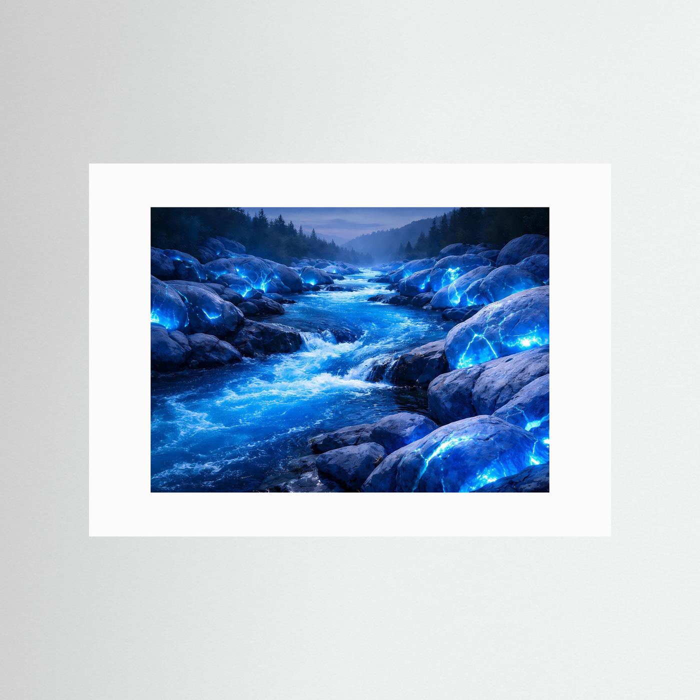 Poster mit blau leuchtendem Flusslauf und Felsbrocken, weißer Rahmen ohne Rahmenrand