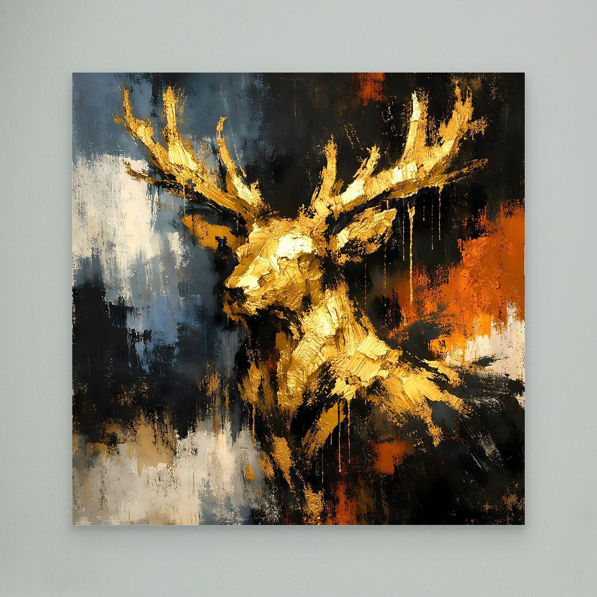 Abstraktes Leinwand-Wandbild: goldener Hirschkopf mit Geweih in Blau-Schwarz-Orange