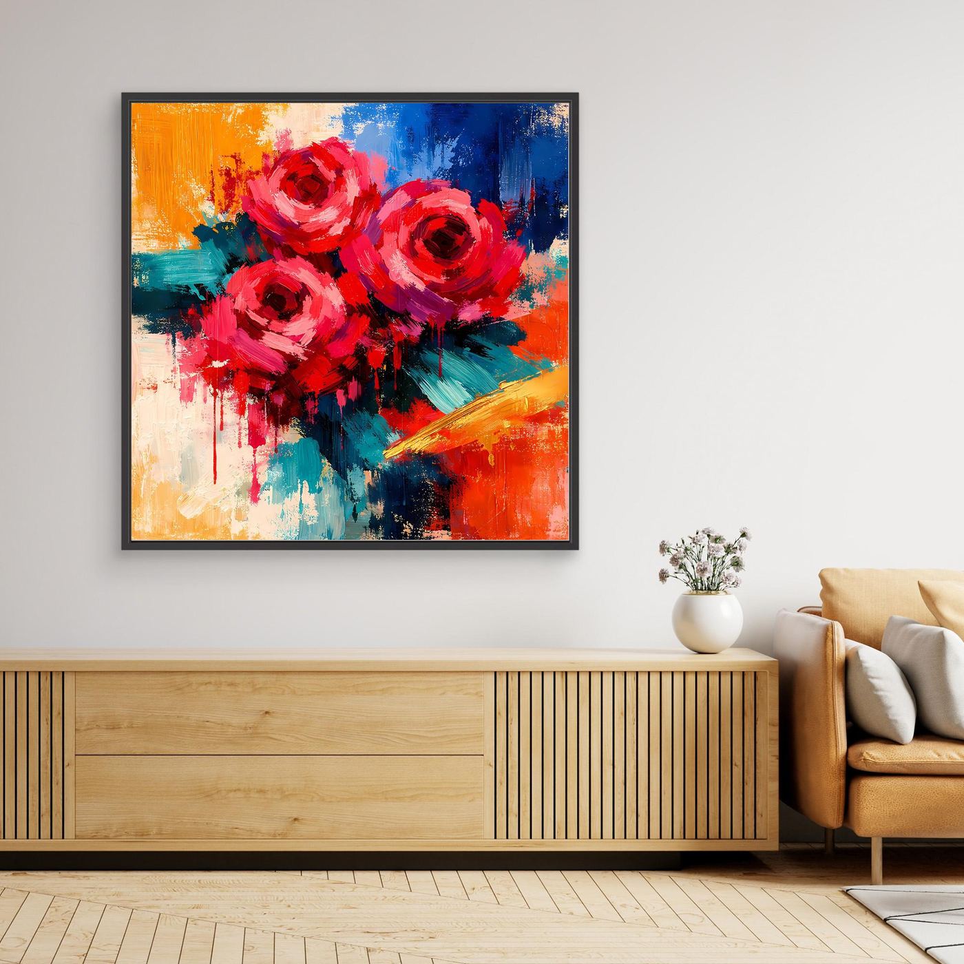 Gerahmtes Leinwand-Wandbild mit roten Rosen im abstrakten Farbverlauf, schwarzer Rahmen