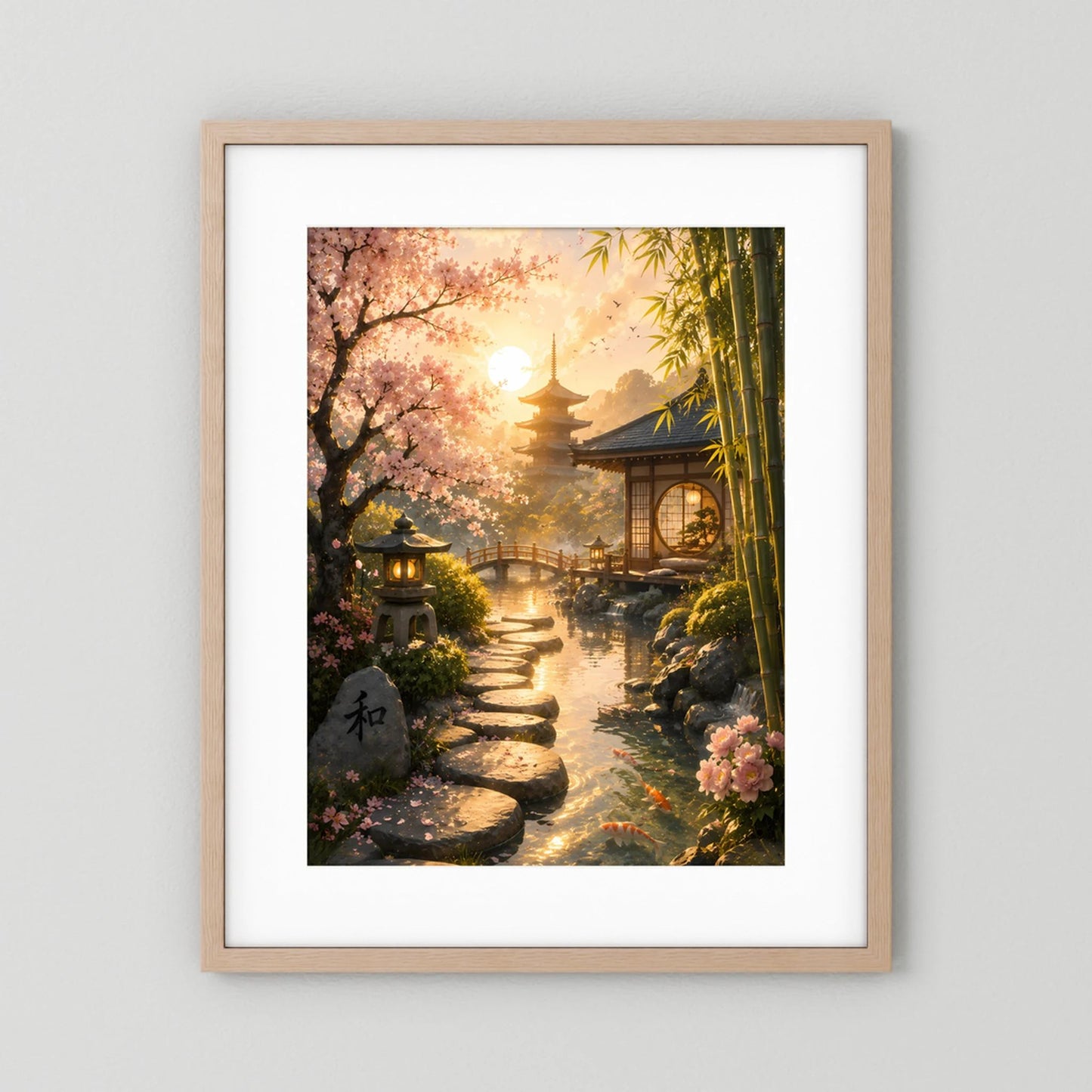Hochformat-Poster Zen-Garten mit Kirschblüten und Bambus, hellbrauner Holzrahmen mit weißem Rand