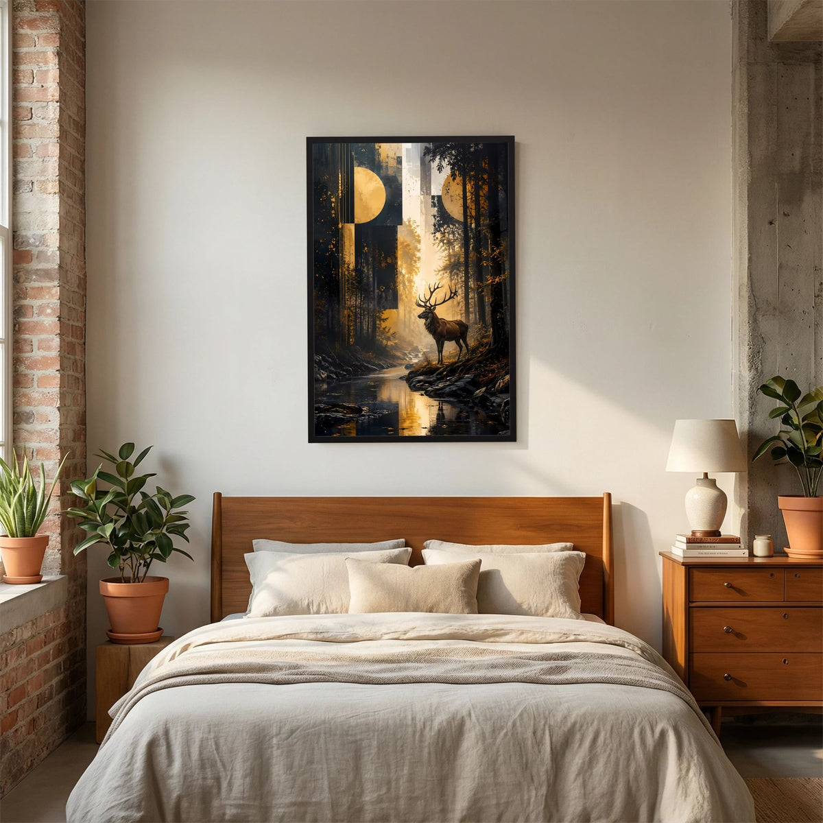 Hirsch-im-Wald-Poster im Schlafzimmer über Bett, goldene Lichter im Motiv