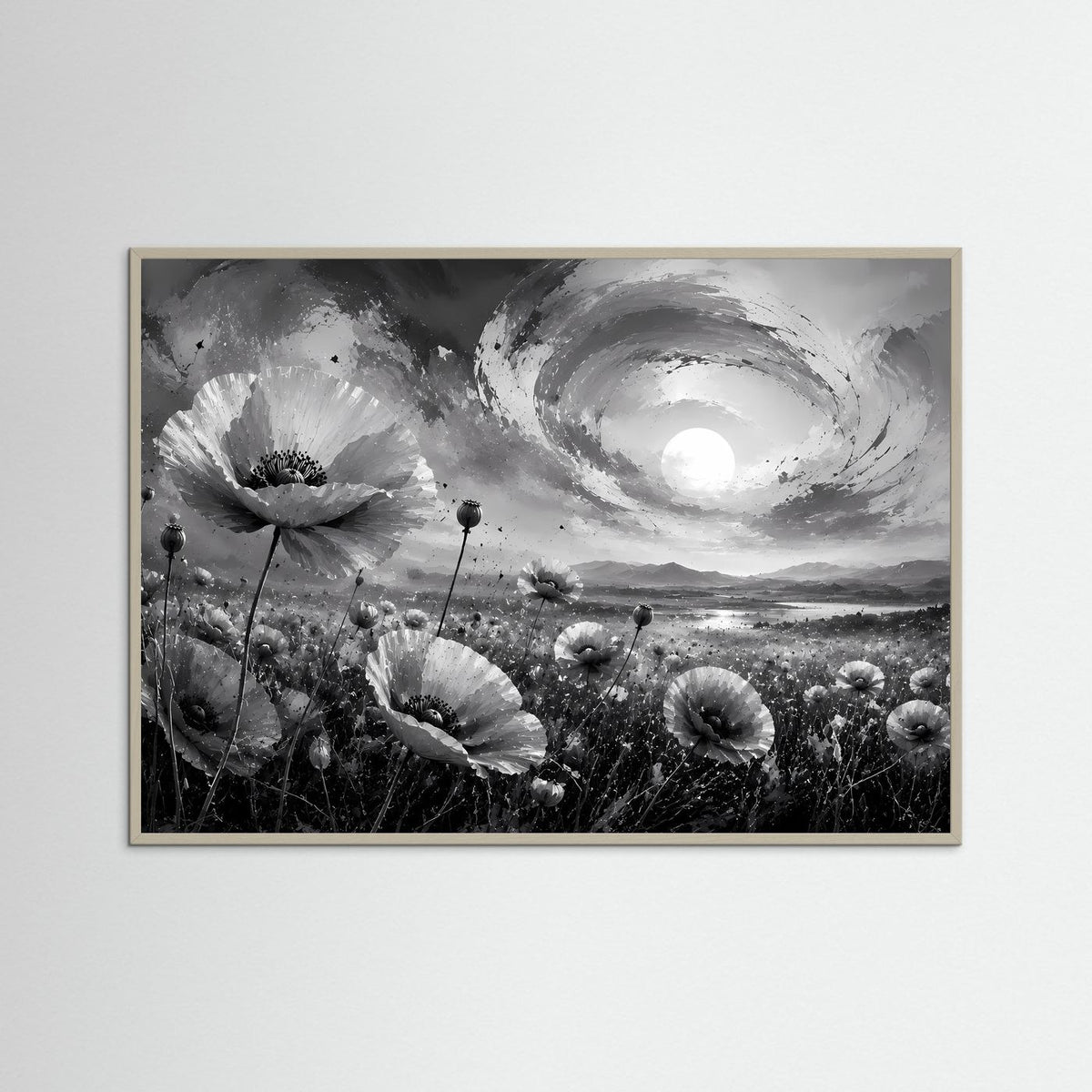 Schwarzweiß-Poster mit Mohnblumen und Vollmond im Wirbelwolkenhimmel, grauer Rahmen