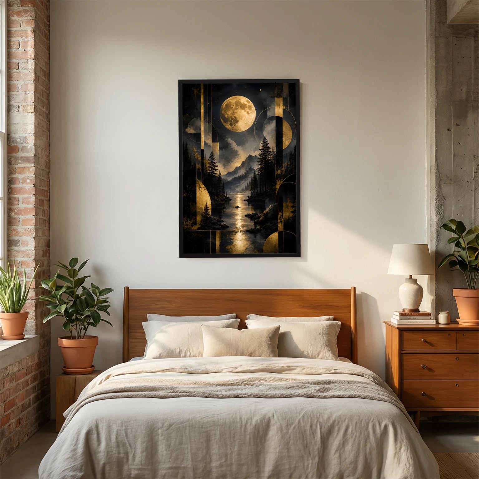 Poster im Hochformat mit goldener Vollmondszene: Bergkette, Tannen und Fluss im abstrakten Design