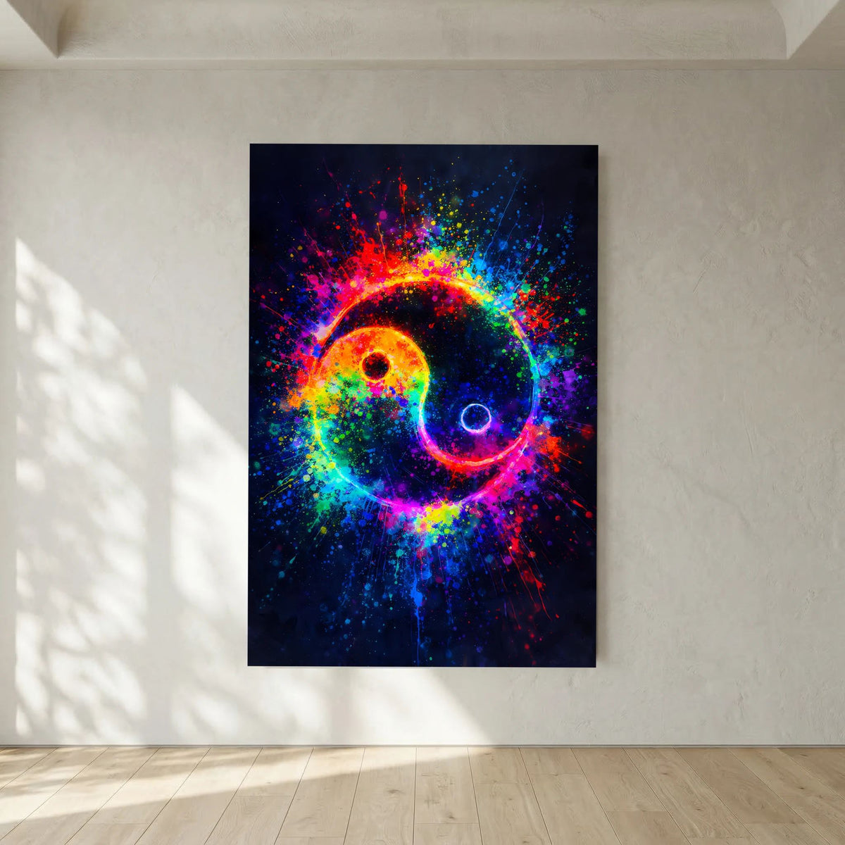 Yin-Yang-Hochformatposter mit buntem Wirbel aus Regenbogenfarben und leuchtenden Kreisen