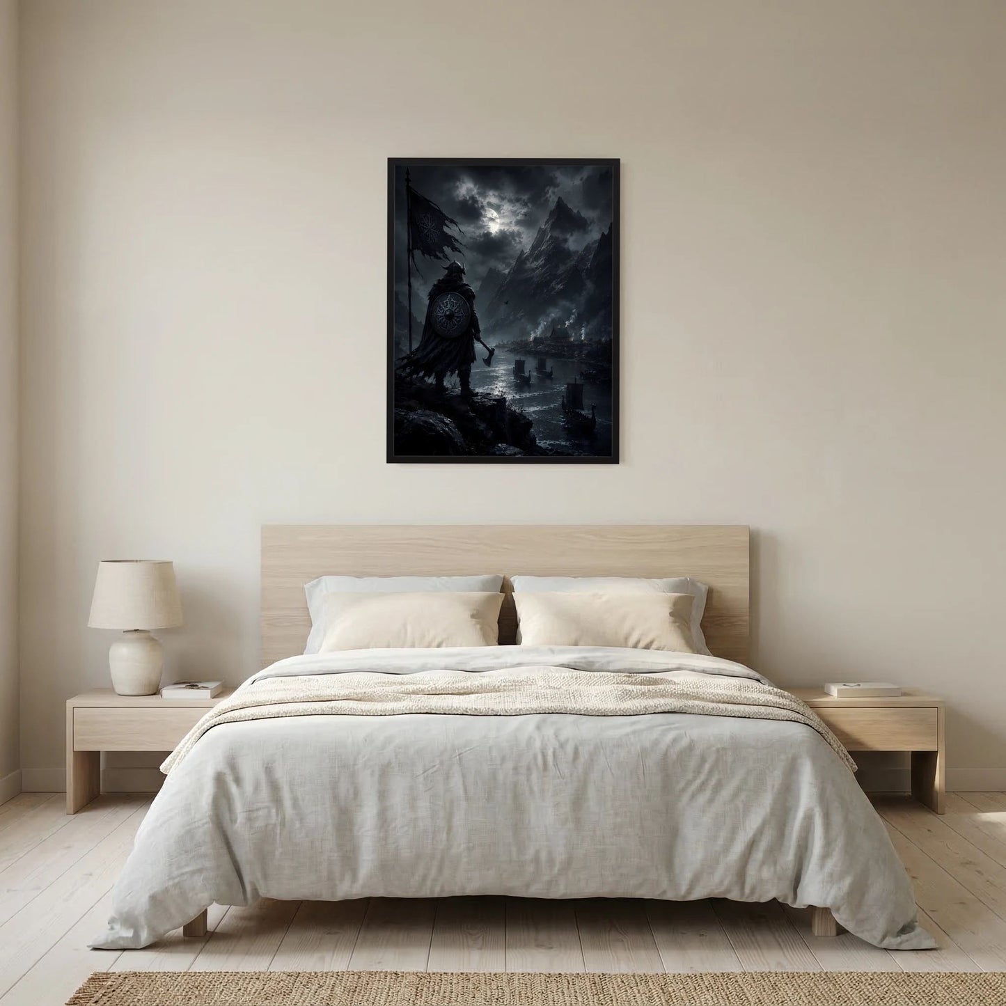 Hochformat-Poster mit schwarzem Rahmen: Wikinger-Silhouette im Mondlicht über dunklem Fjord