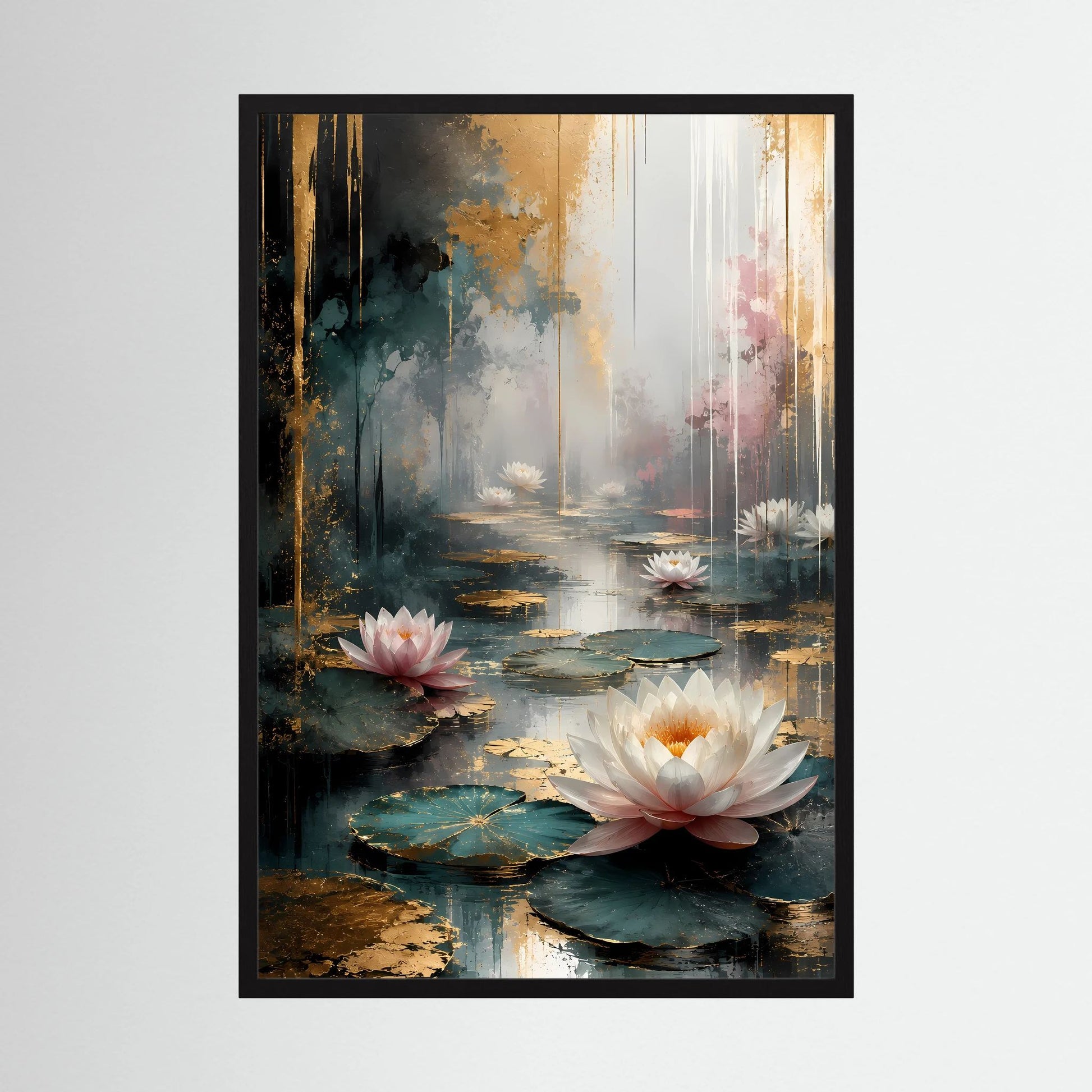Poster mit abstrakten Wasserlilien in Weiß und Rosa, schwarze Einfassung, Hochformat