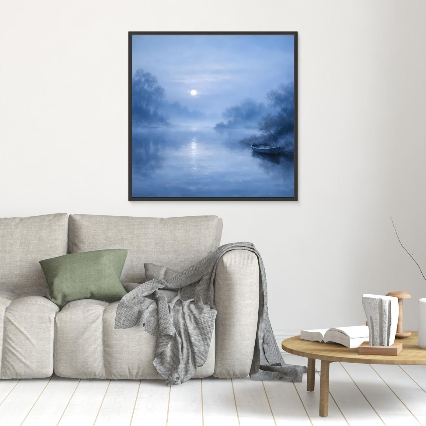 Quadratisches Leinwandbild in Blau mit Mond über ruhigem Fluss und Boot, schwarzer Rahmen
