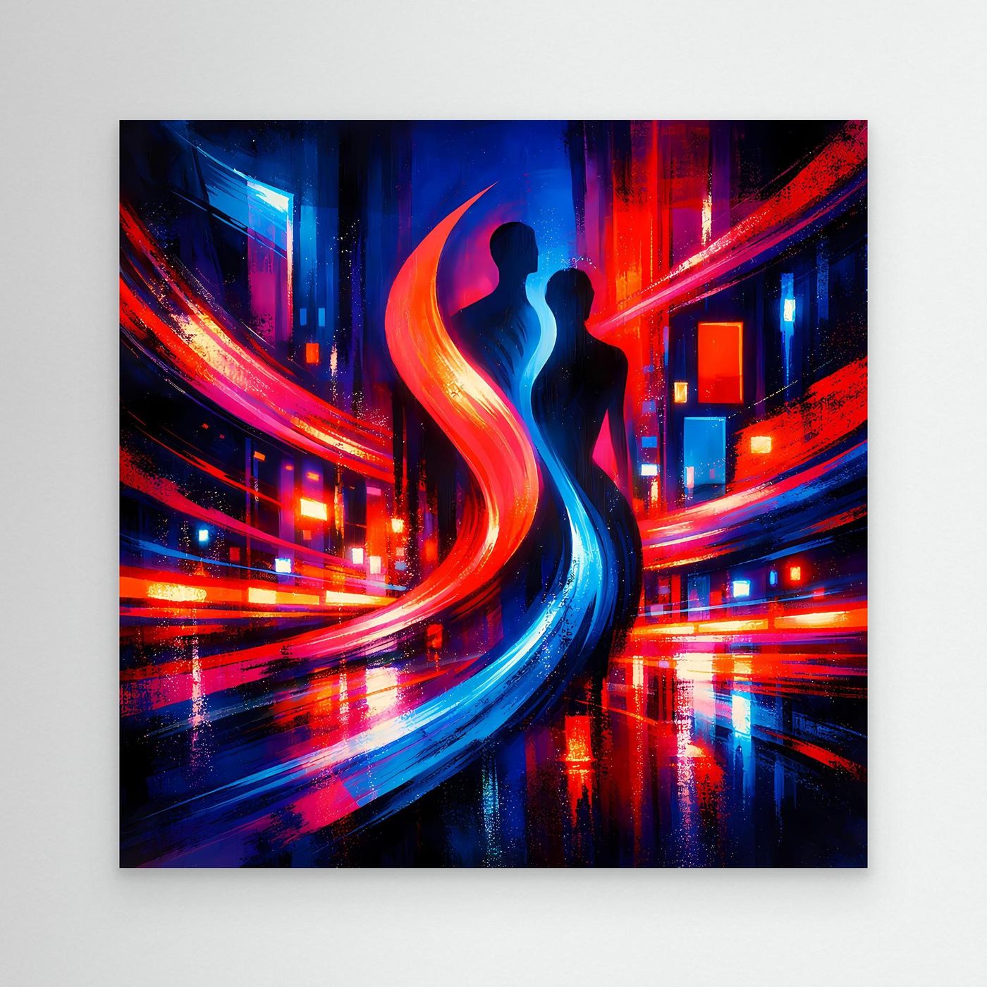 Abstraktes Leinwand-Wandbild ohne Rahmen mit Neon-City und Paar-Silhouette