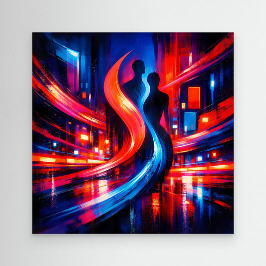 Abstraktes Leinwand-Wandbild ohne Rahmen mit Neon-City und Paar-Silhouette