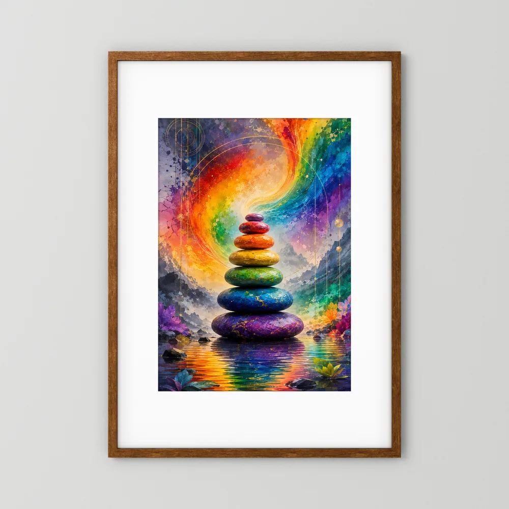 Hochformatiges Poster mit Rainbow-Zen-Steinen unter Regenbogenwirbel, brauner Holzrahmen