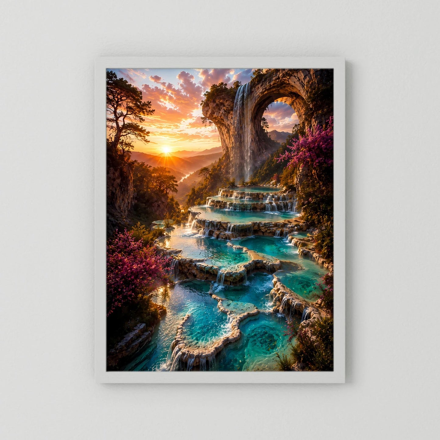 Kunstposter Hochformat mit weißem Rand, Fantasielandschaft mit Wasserfall und türkisfarbenen Becken