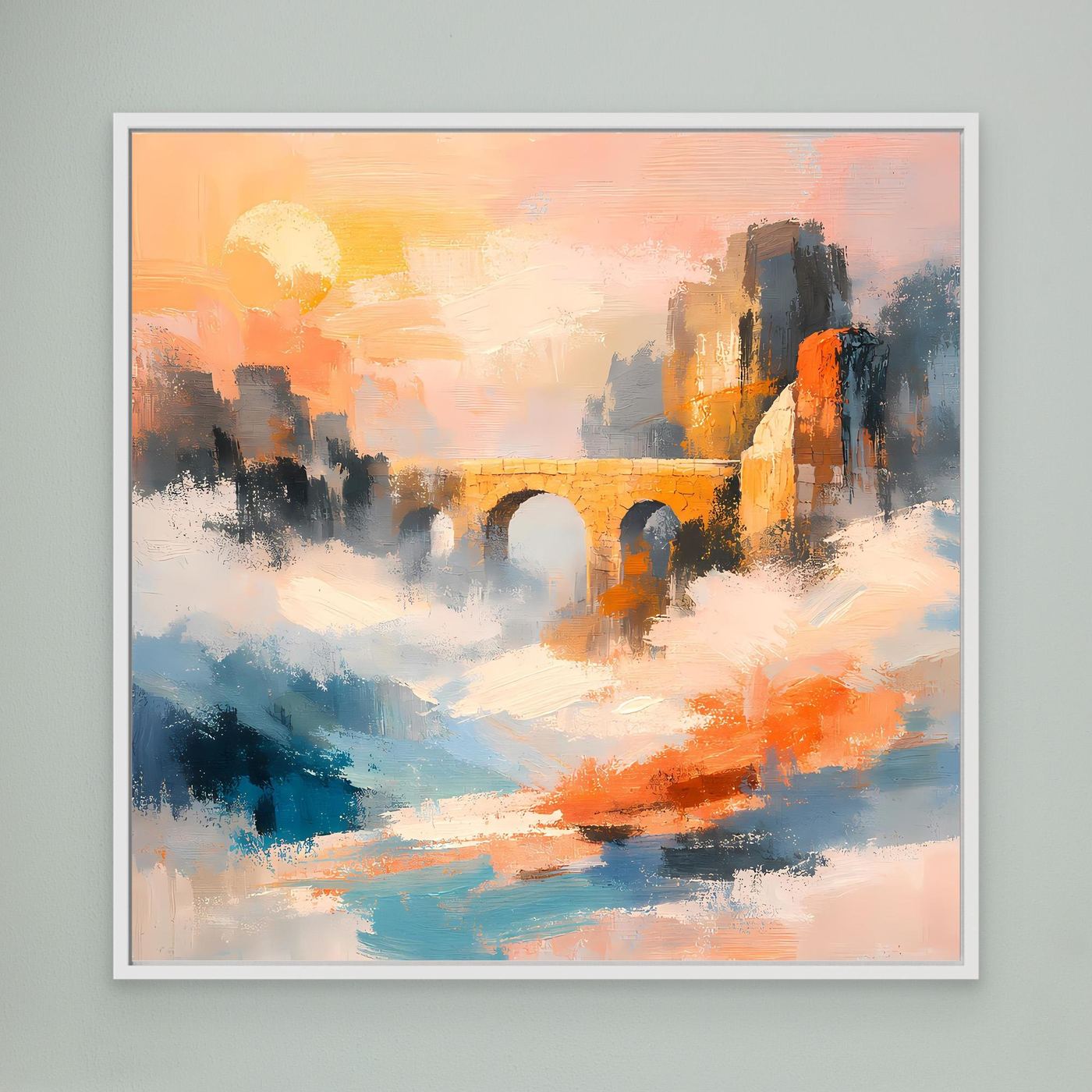 Premium Leinwand Historische Steinbrücke im Nebel | Abstraktes Aquädukt Wandbild im Sonnenaufgang