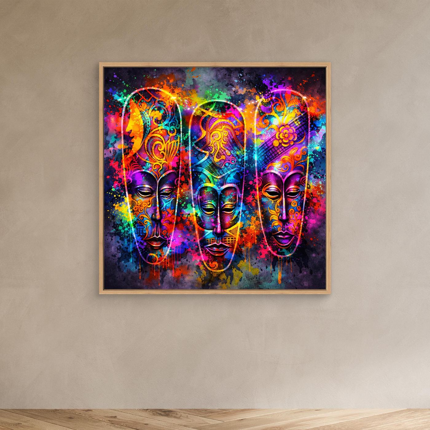 Leinwandbild mit drei bunten Neon-Masken, im hellen Holzrahmen an der Wand