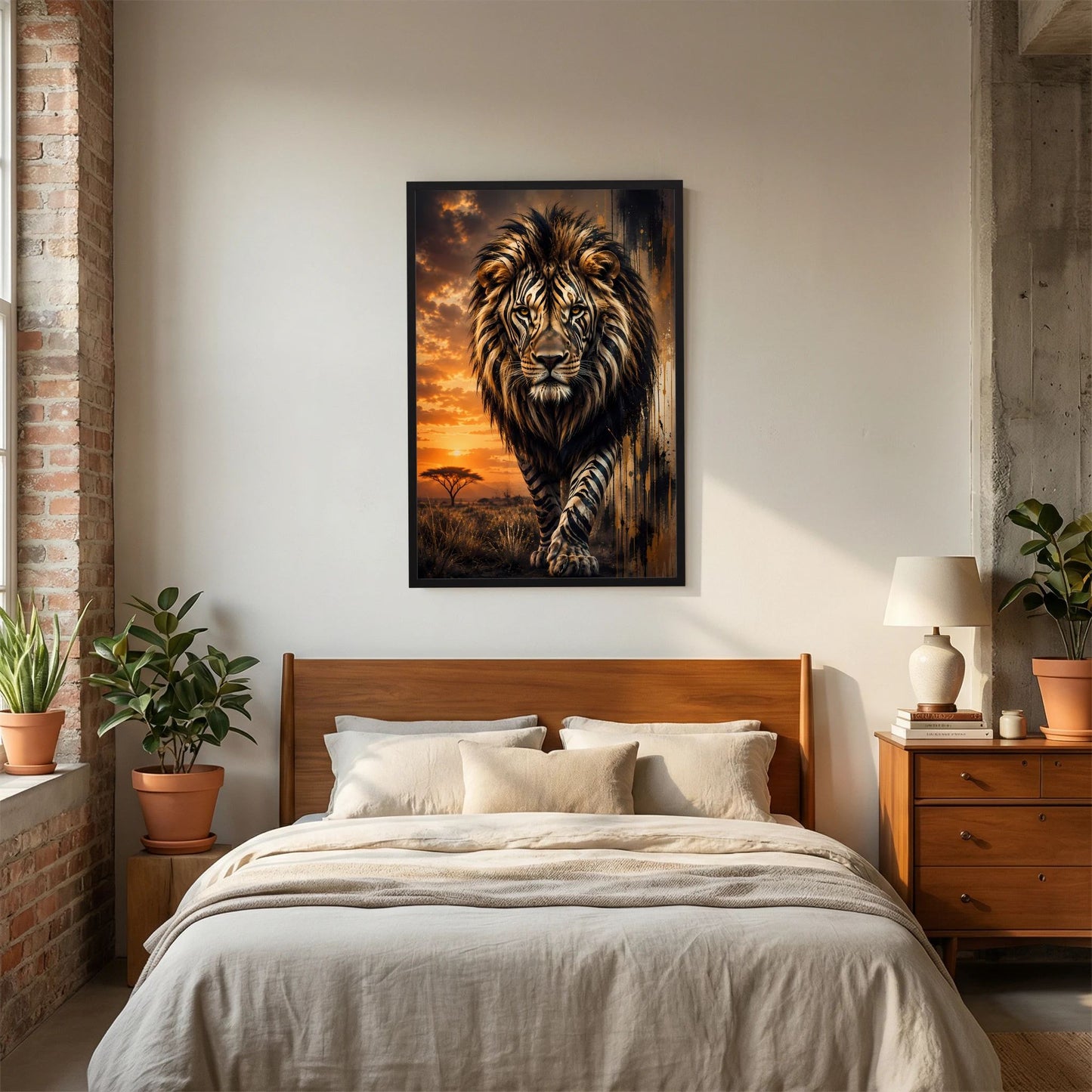 Löwenposter im Hochformat mit schwarzem Rahmen: Löwe mit Zebramuster