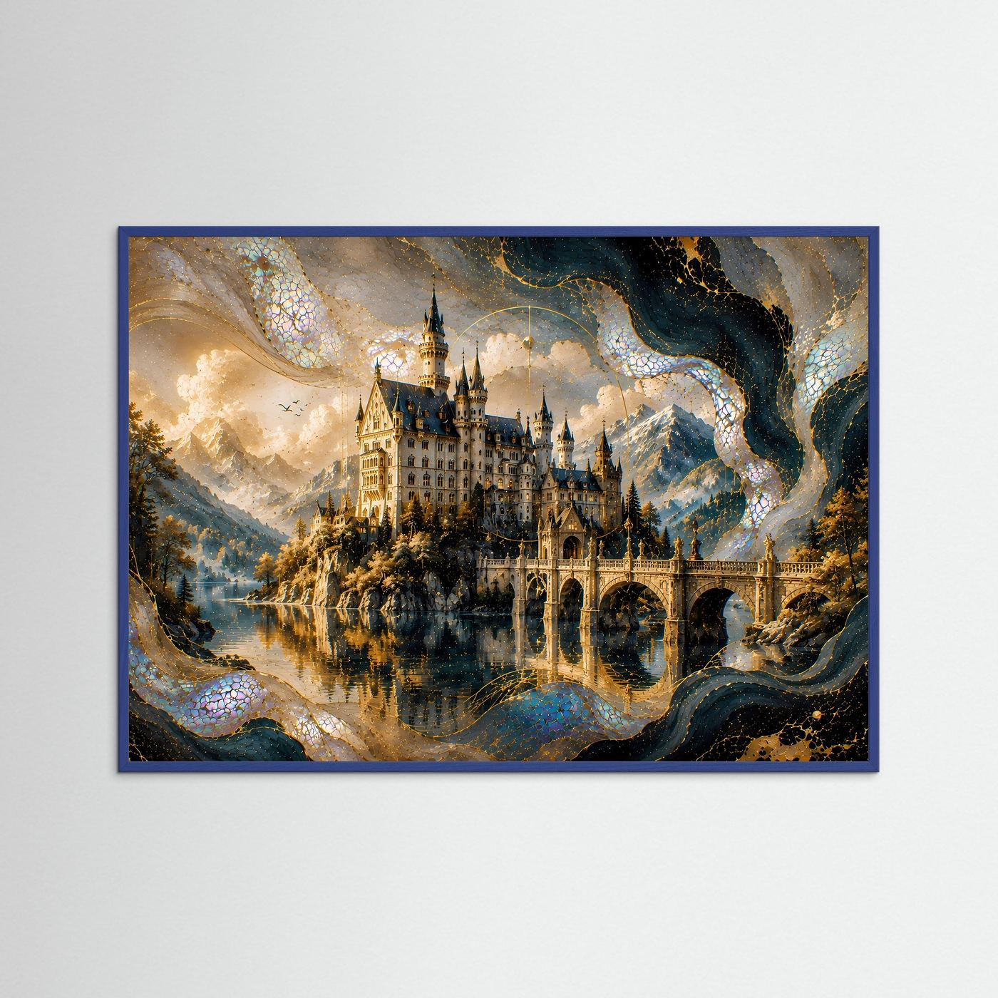 Gerahmtes Poster im Querformat mit Märchenschloss am See in Gold- und Perlmutttönen, blauer Rahmen.