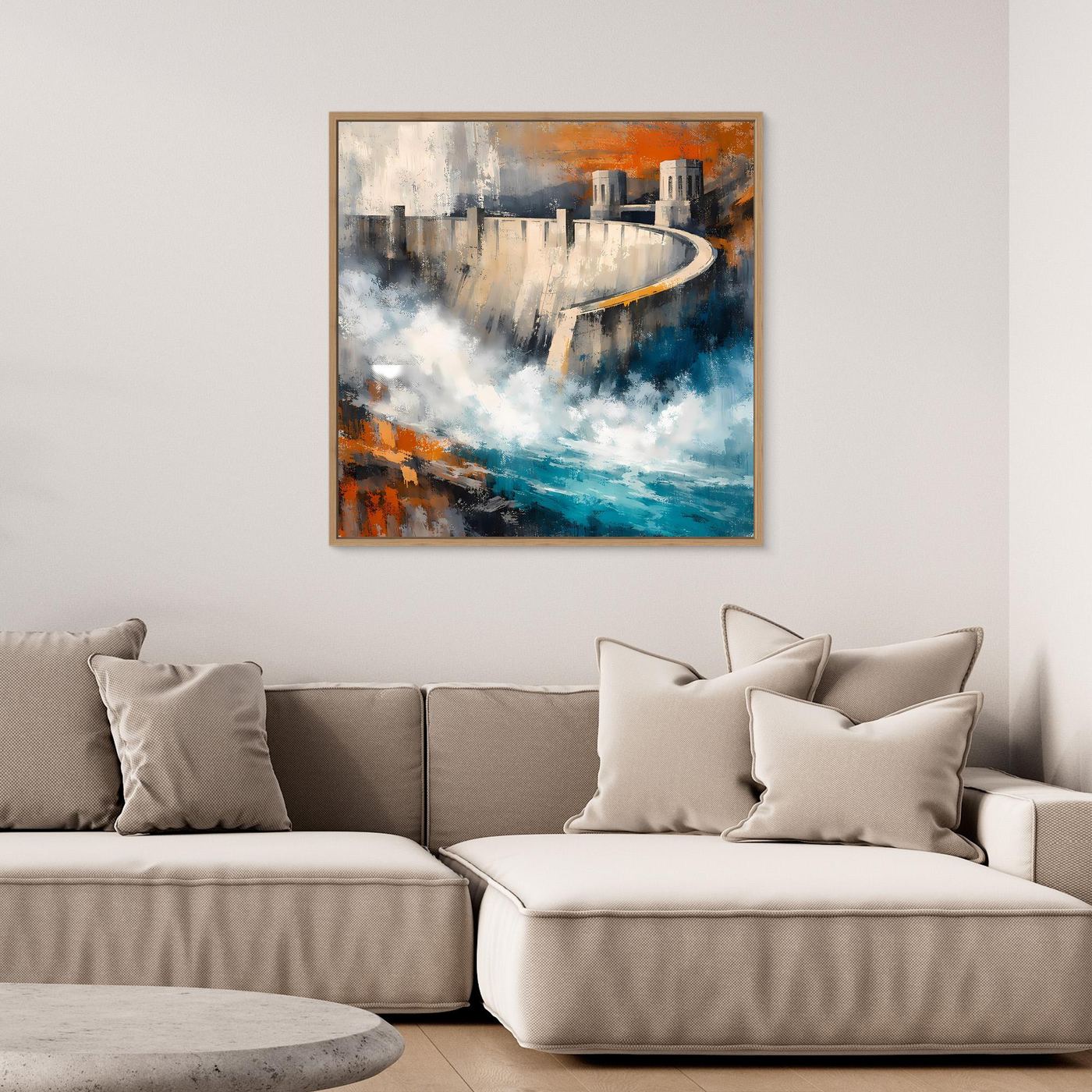 Gerahmtes abstraktes Leinwand-Wandbild mit Talsperre, blau-graue und orange Akzente, Eiche