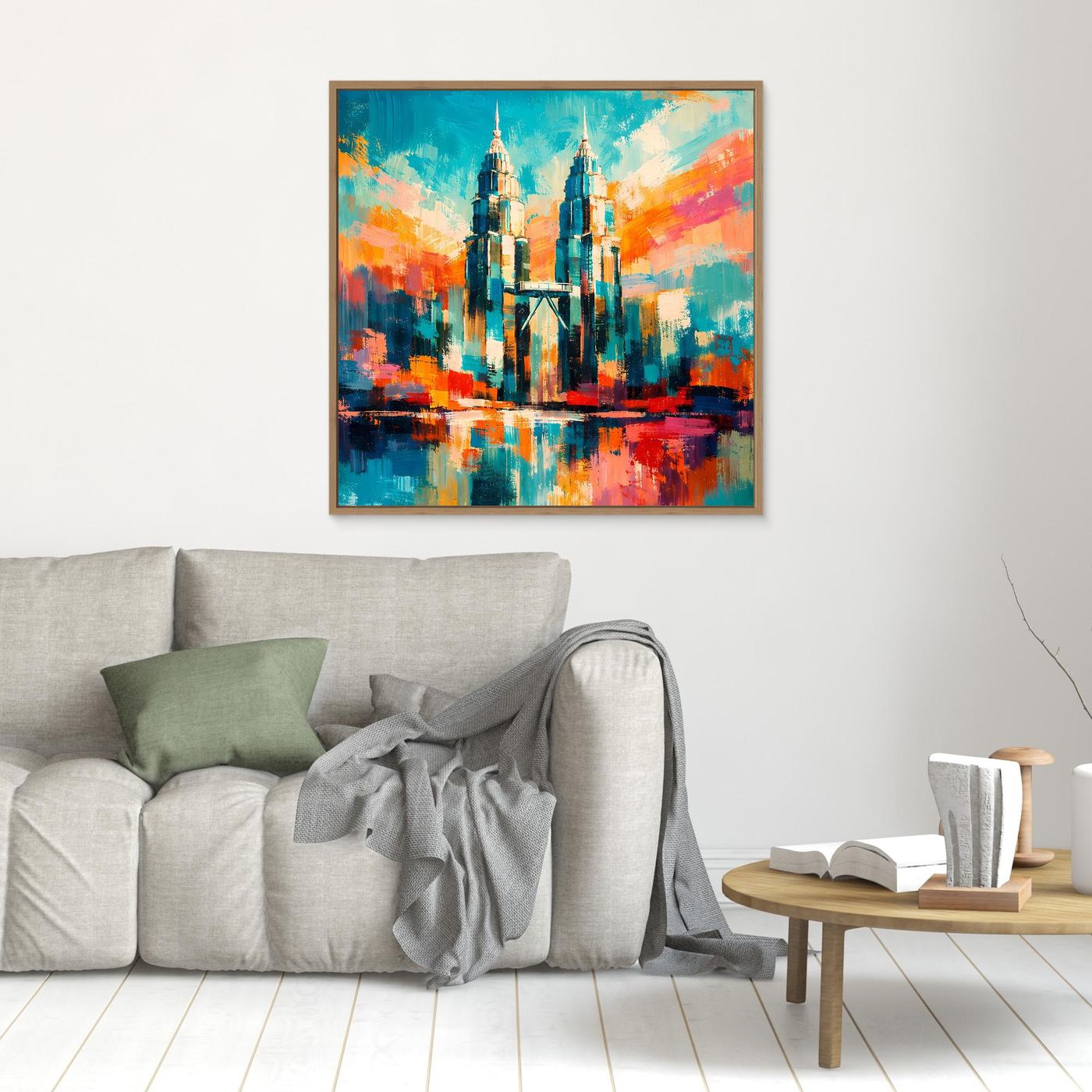 Leinwand-Wandbild mit farbigem abstraktem Türmepaar und Spiegelung, braun gerahmt
