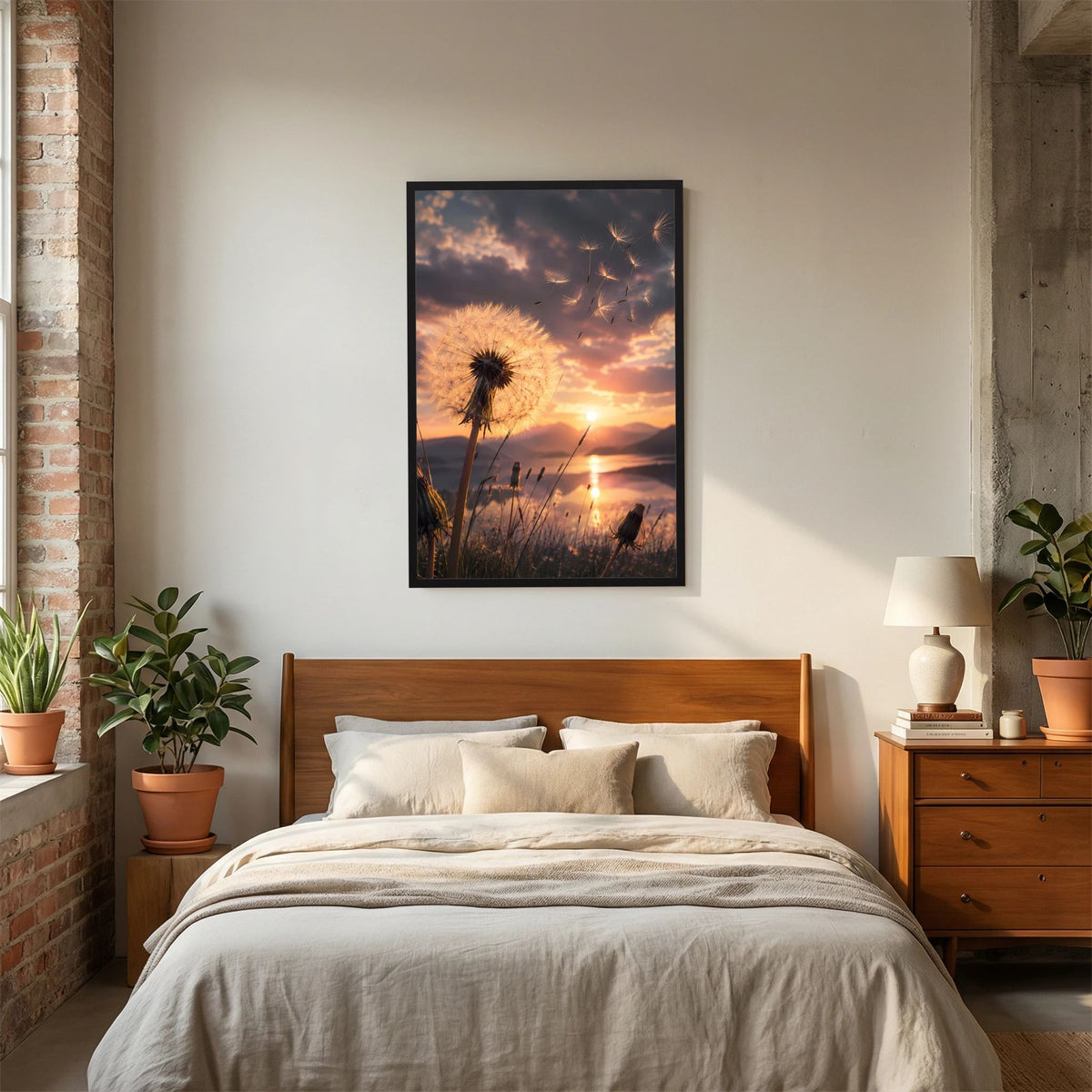 Poster mit Pusteblume im Sonnenuntergang im schwarzen Rahmen