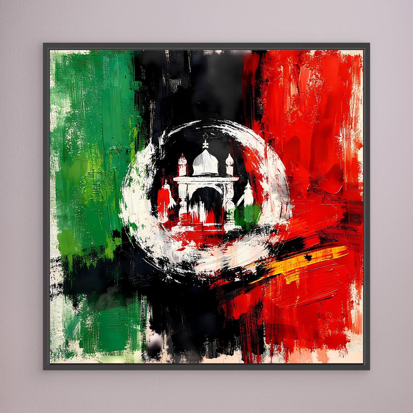 Black-framed canvas wall art with abstract Afghanistan flag colors and circular emblem