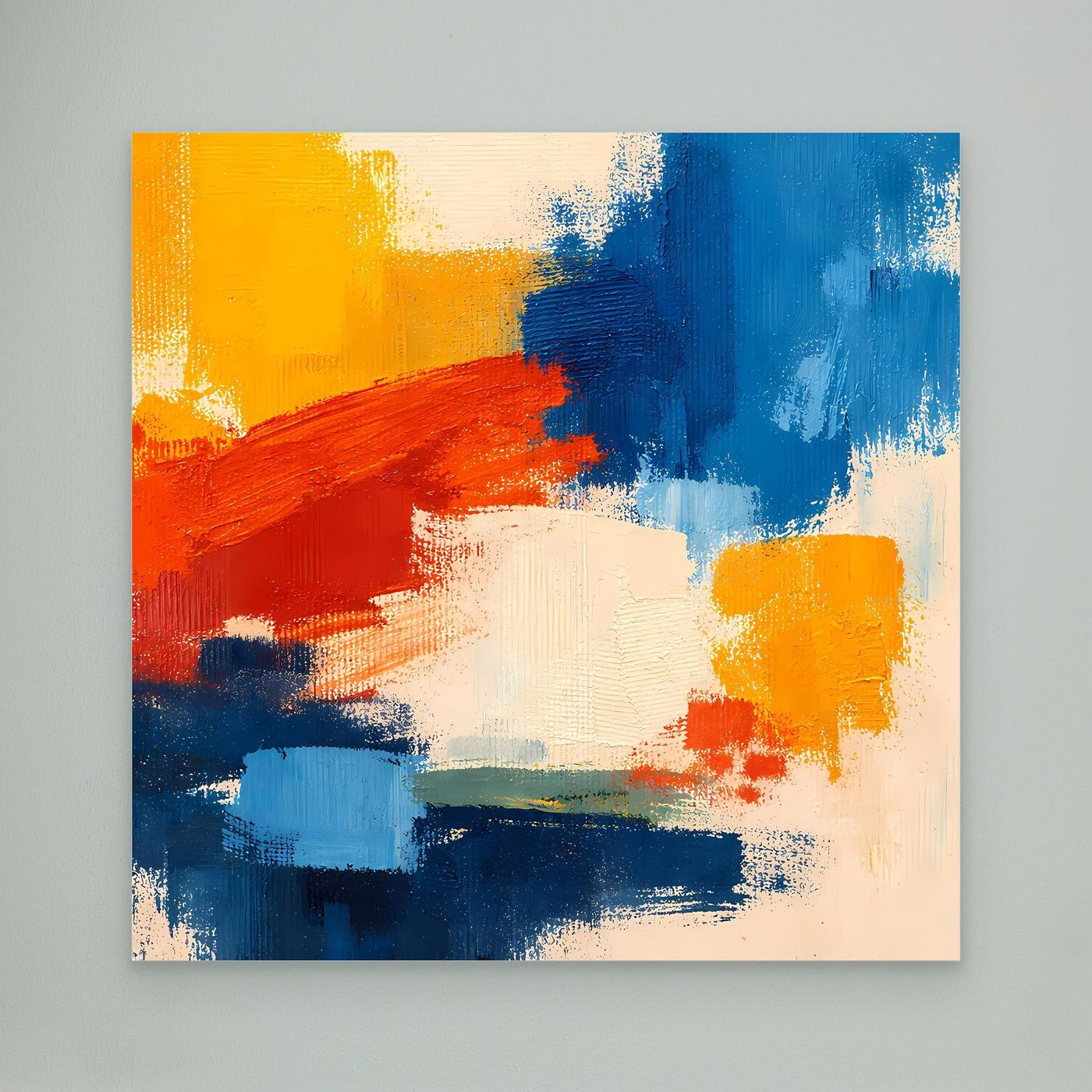 Abstract canvas wall art with yellow, red, and blue textured brushstrokes; white frame