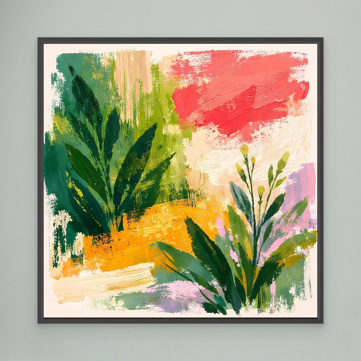 Framed abstract botanical canvas wall art with dark green plants and red, yellow, and purple paint.
