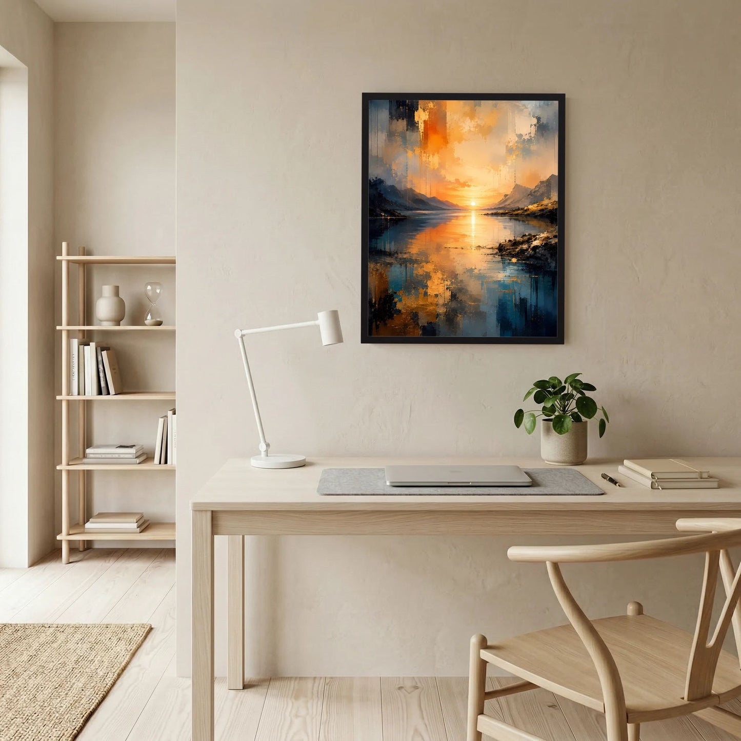 Gerahmtes Poster im Hochformat an der Wand mit abstrakter See-Landschaft und goldenem Licht