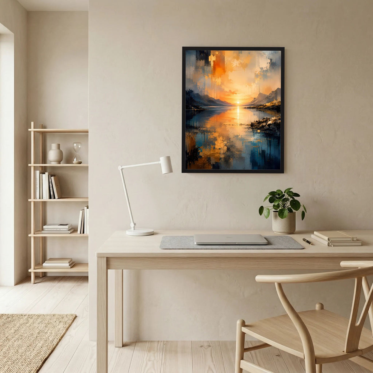 Gerahmtes Poster im Hochformat an der Wand mit abstrakter See-Landschaft und goldenem Licht