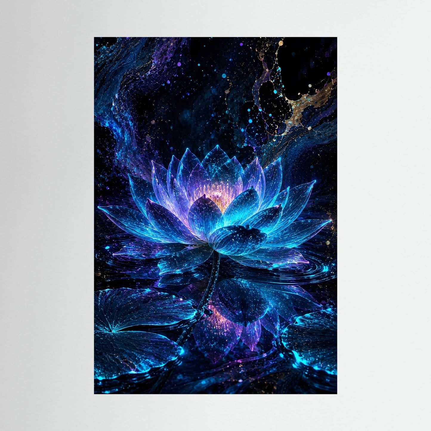 Kunstposter mit leuchtender Lotusblüte in Blau und Violett, Hochformat