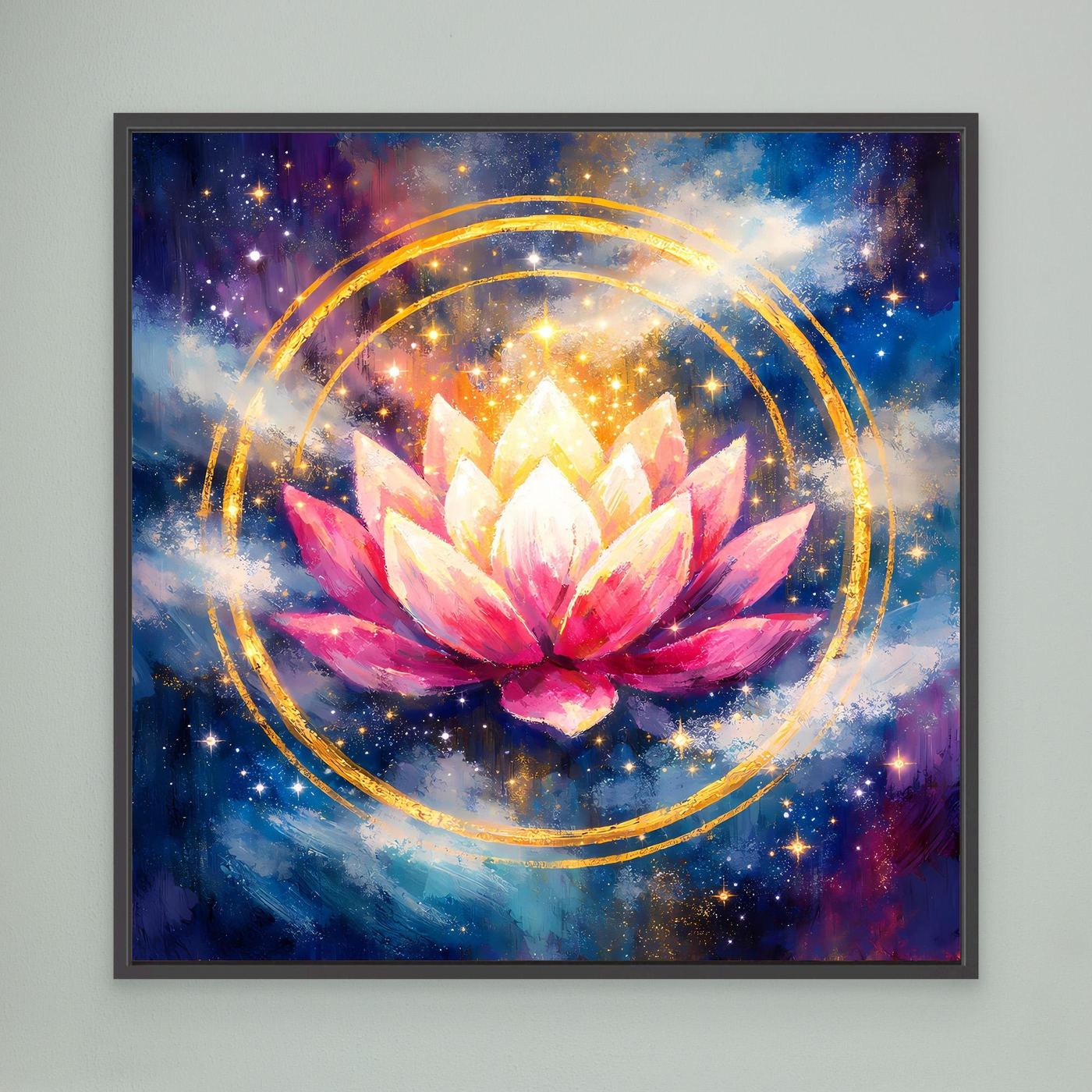 Leinwand-Wandbild Lotusblüte im Kosmos mit goldenen Kreisen, schwarzer Rahmen