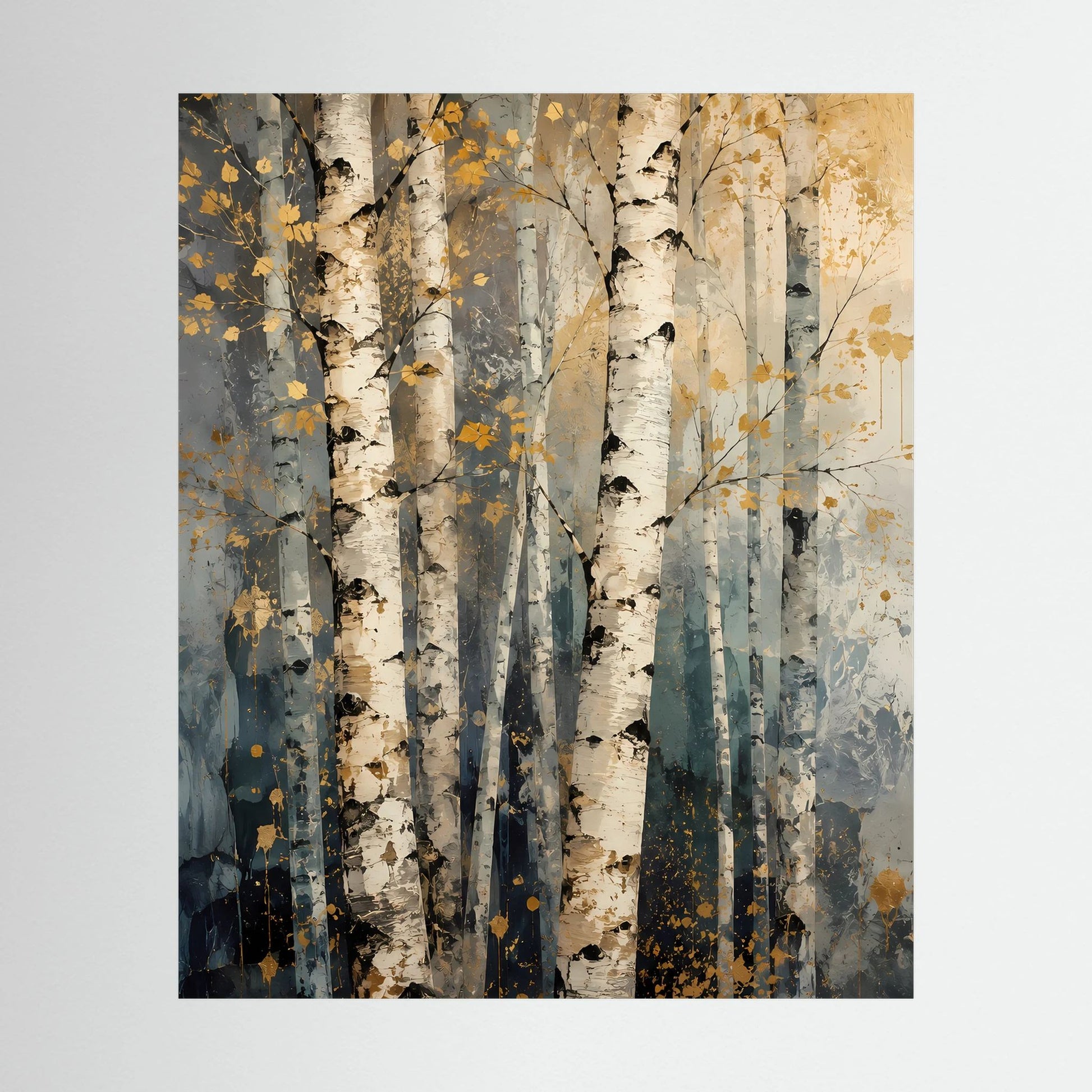 Abstraktes Birkenwald-Poster, vertikal, beige und graue Baumstämme mit goldenen Farbtupfern