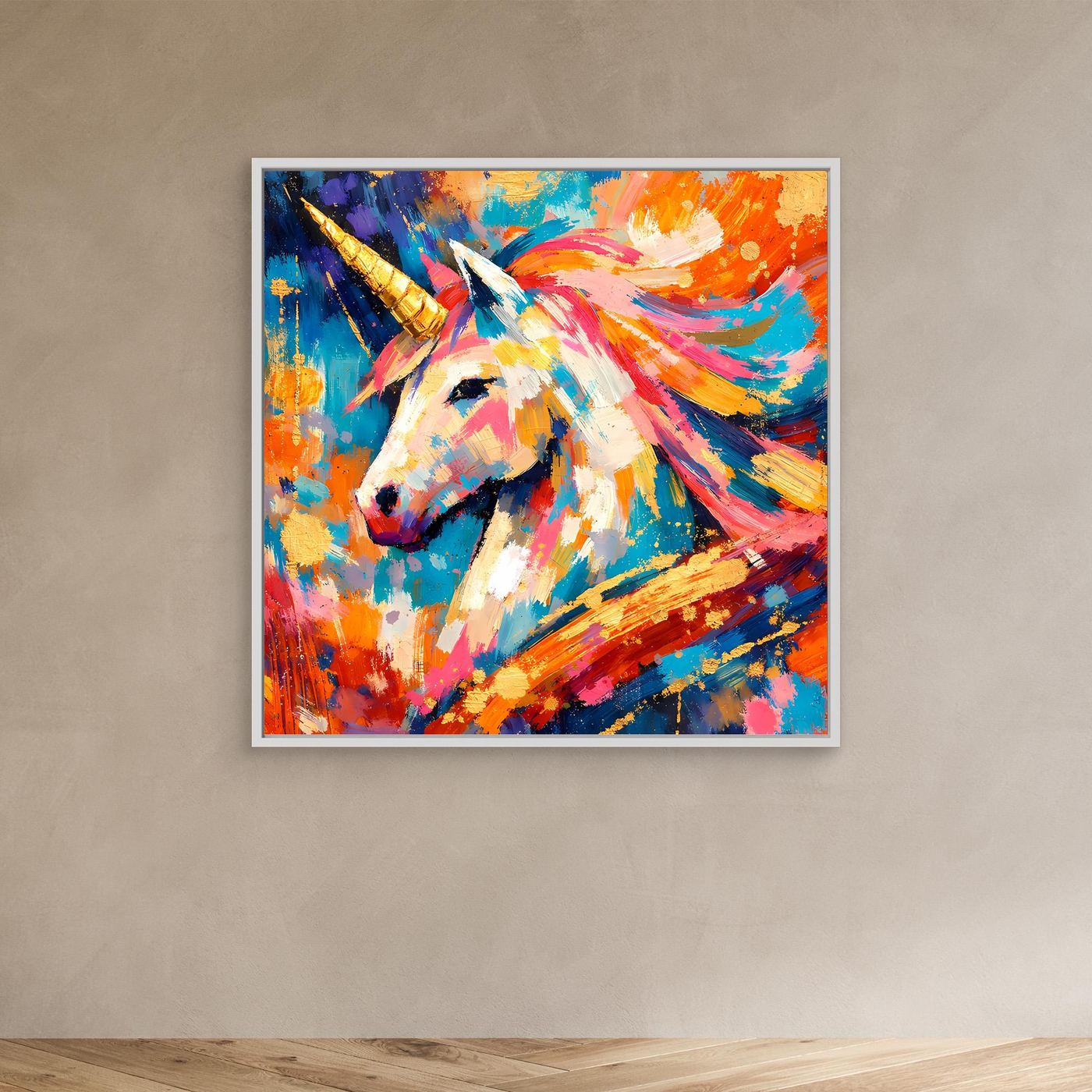 Leinwandbild mit abstraktem Einhorn, goldenes Horn, bunte Pinselstriche, heller Rahmen