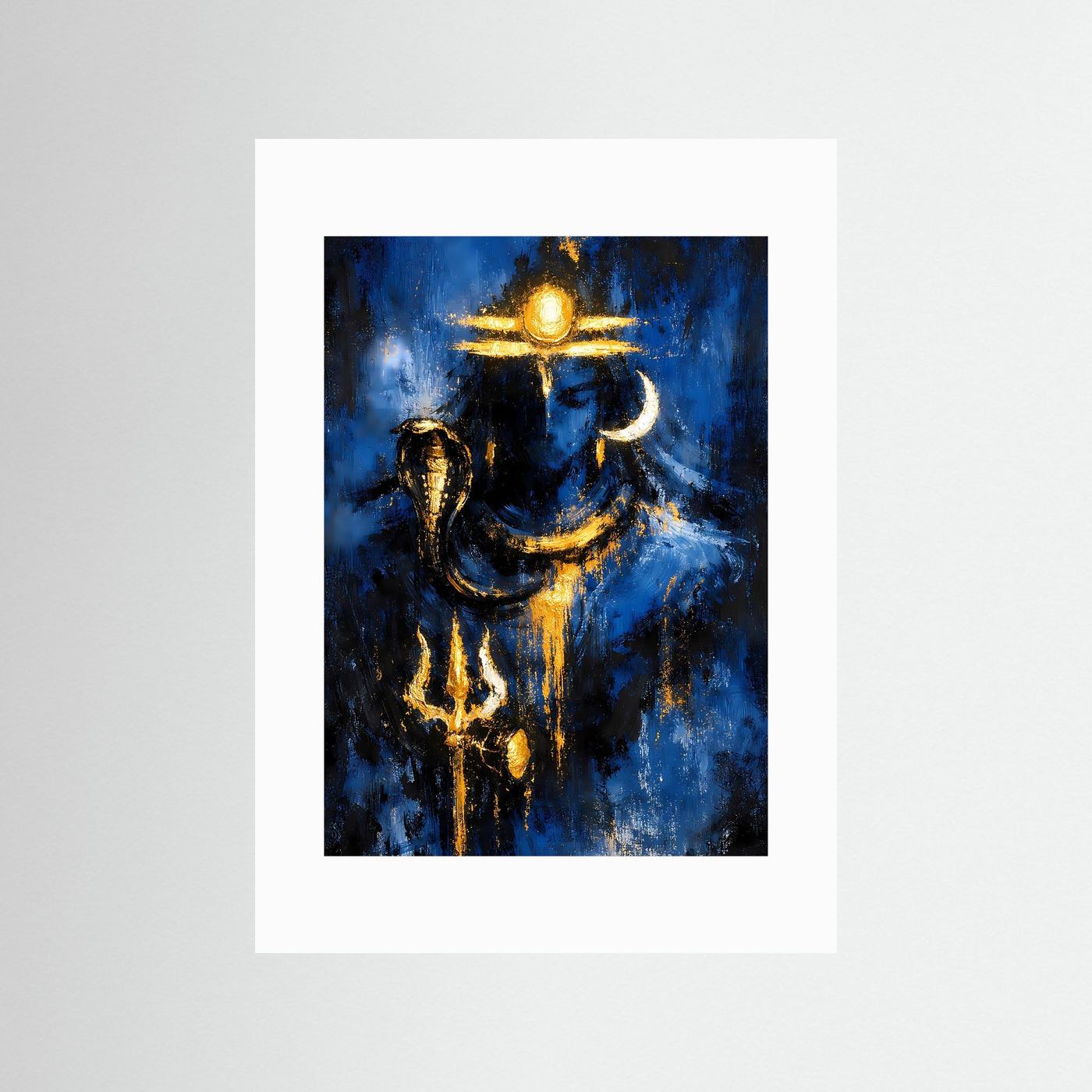 Poster mit Shiva-Figur in Gold und tiefblau, abstraktes Hochformat mit weißem Passepartout