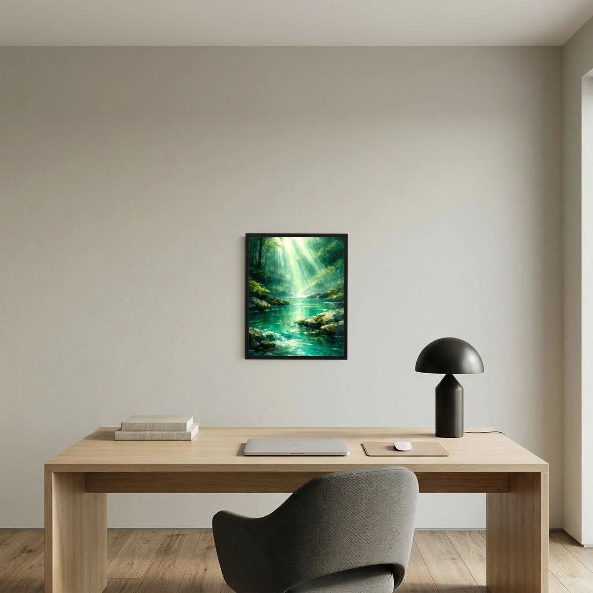 Wandbild mit Flusslauf im grünen Wald und Lichtstrahlen, gerahmt