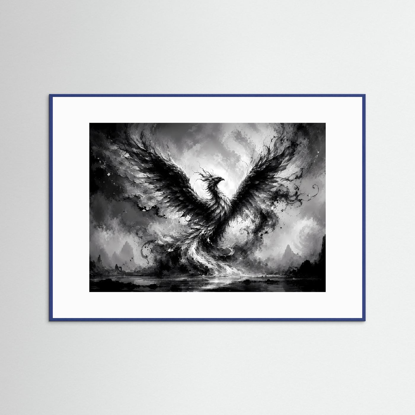 Phönix aus Licht und Schatten | Mystische Schwarz-Weiß Wandkunst – Abstrakter Feuervogel