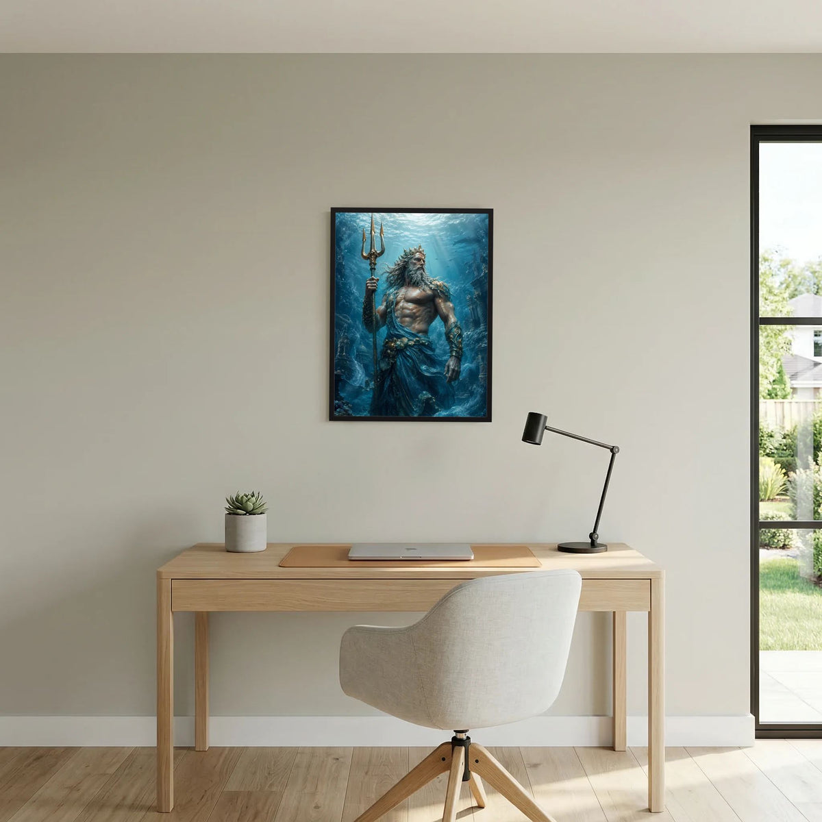Kleines Wandposter mit Poseidon und Dreizack unter Wasser, dunkler Rahmen
