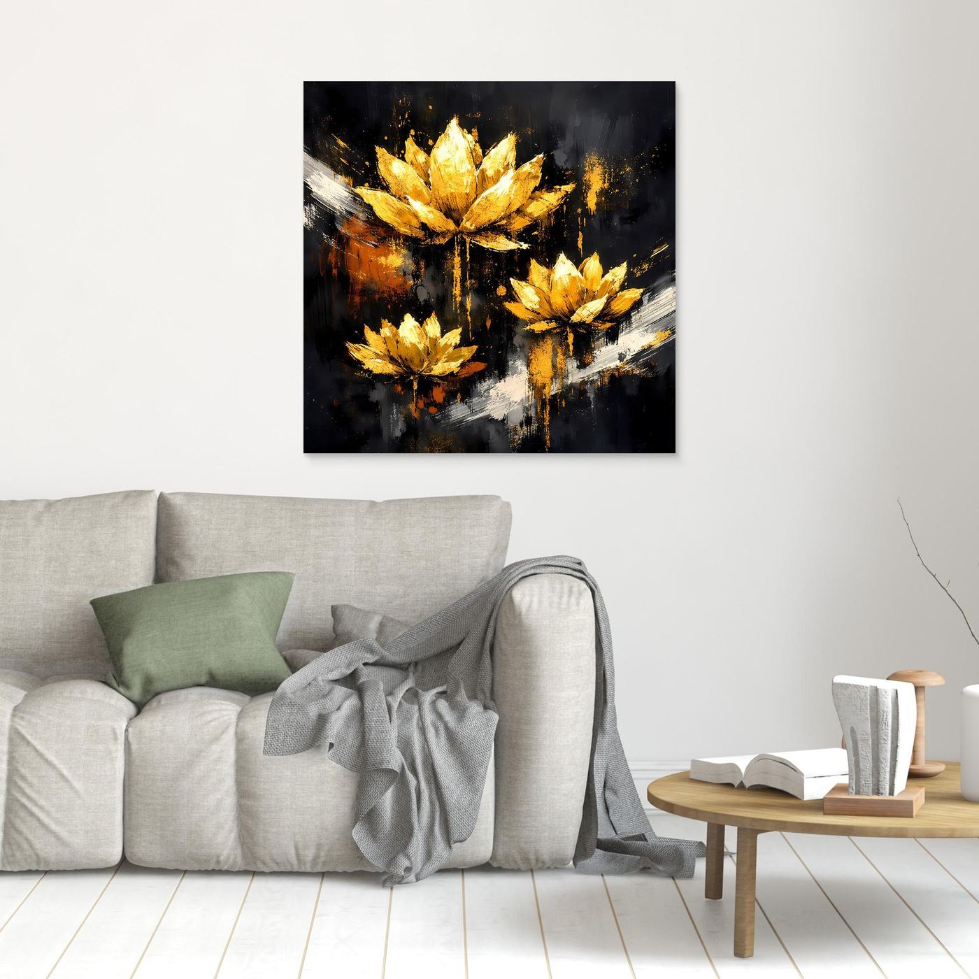Leinwand Edle Lotusblüten in Gold und Schwarz | Modernes Florales Luxus Wandbild